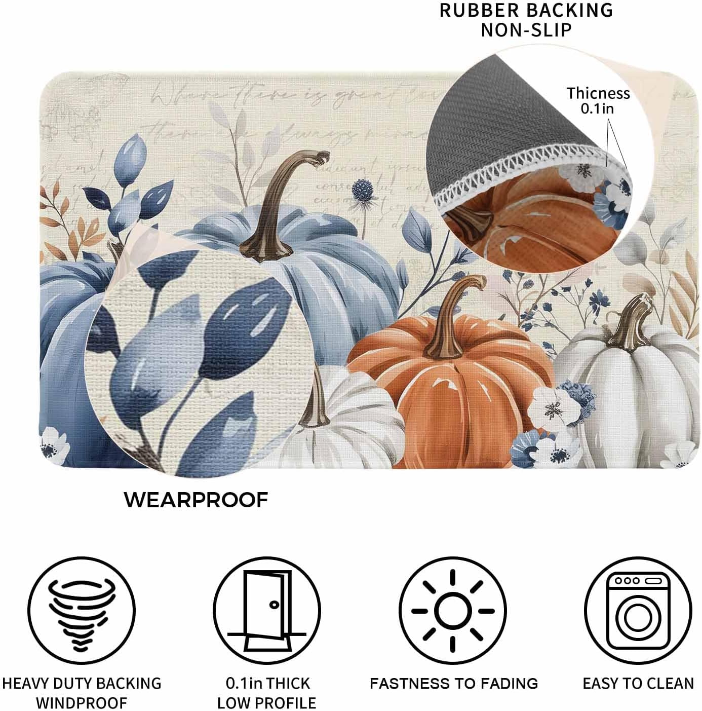 Fall Doormat Orange Blue Pumpkin Welcome Mat Entrance Floor Mats Eucalyptus Leaves Seasonal Autumn Harvest Thanksgiving Decoration Indoor Outdoor Non Slip Rubber Mat 24x36 Inch
