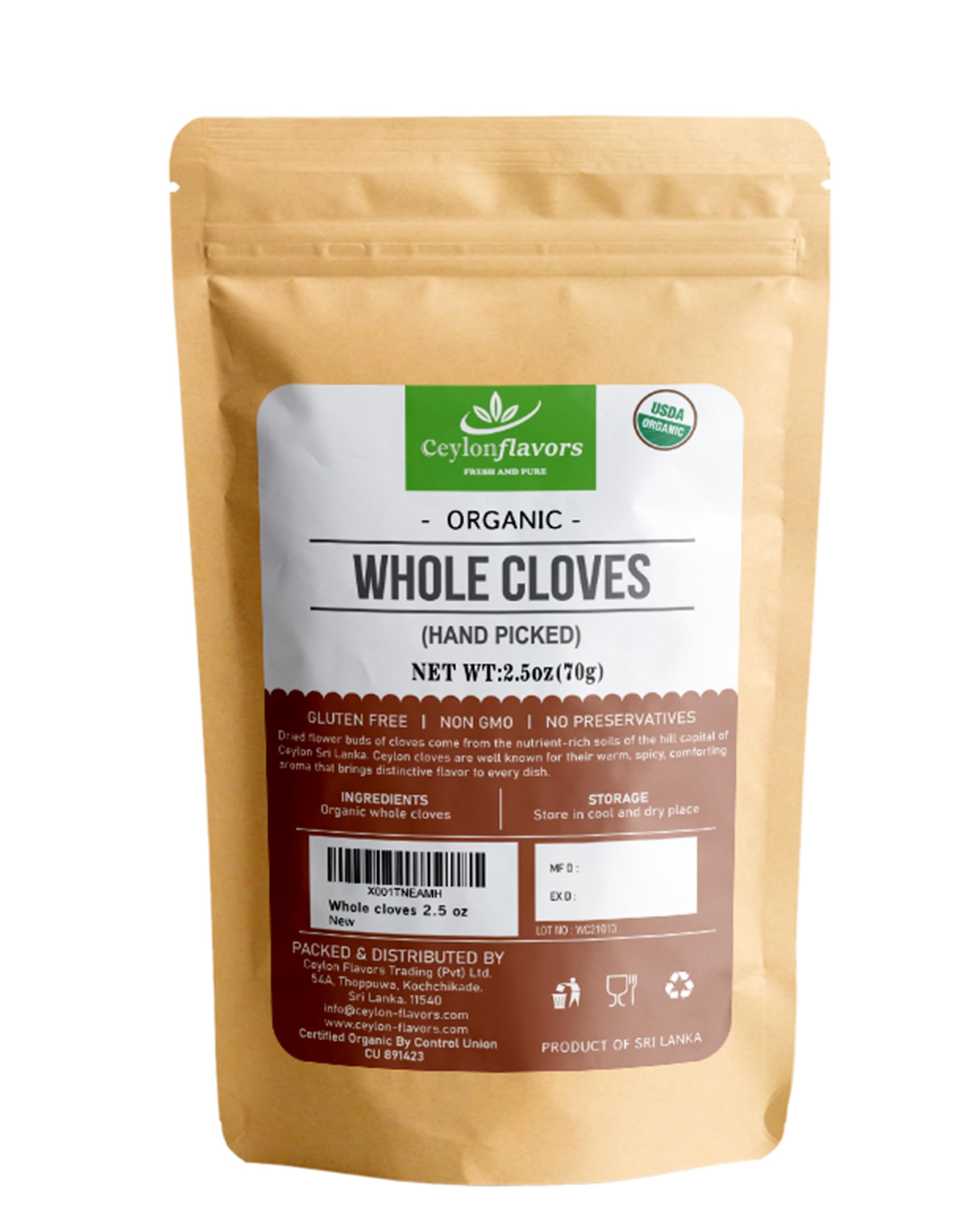 Organic premium hand picked whole cloves 2.5oz, Packed from a USDA Certified Organic Farm in Sri Lanka stand up resealable pouch