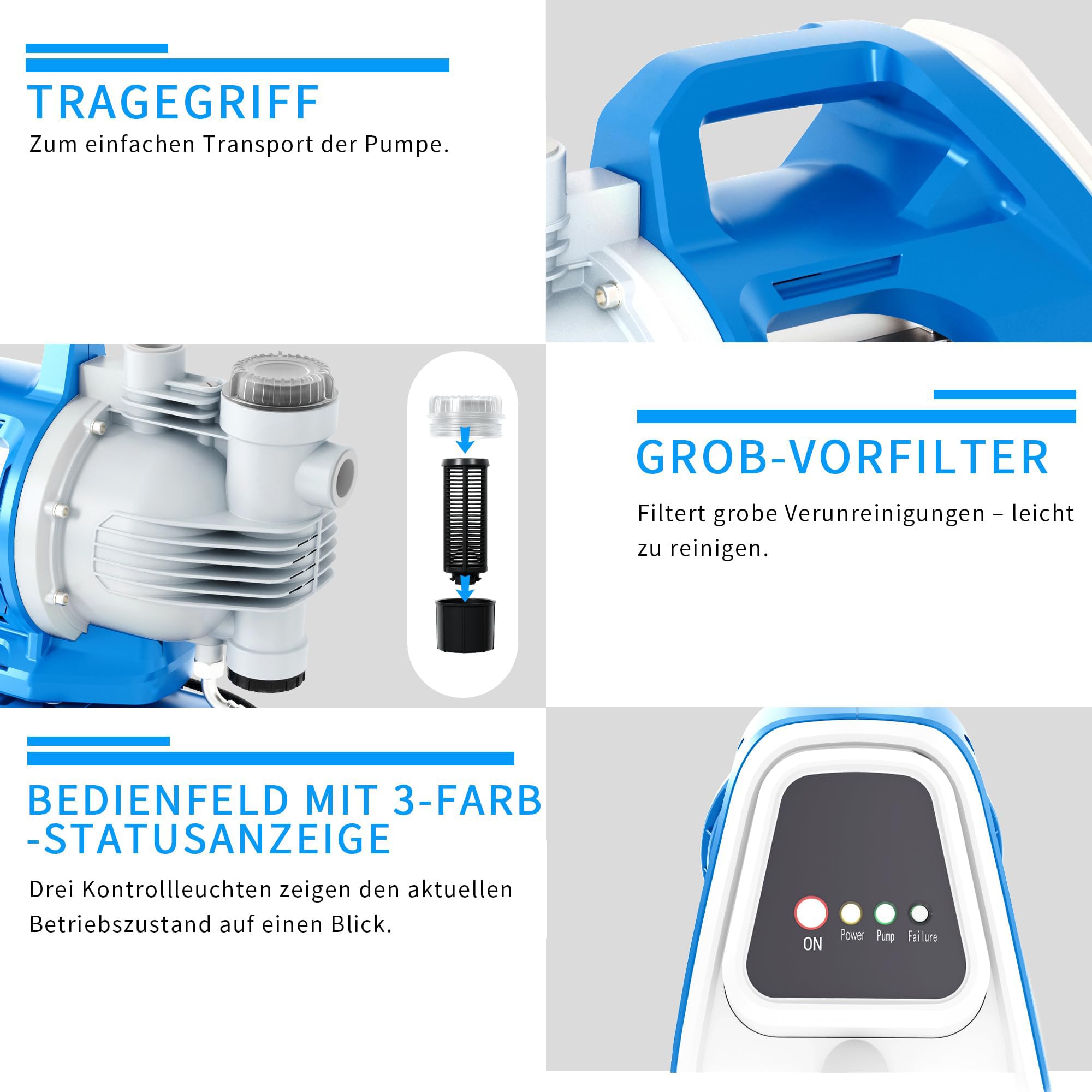 FOTING Gartenpumpe LED: 1100 W, 5.500 l/h, 50 m Förderhöhe, 4,8 bar – mit LED-Display, automatischem Druckschalter – Grob-Vorfilter, Überhitzungsschutz, max. 8 m Saughöhe – für Haus & Garten