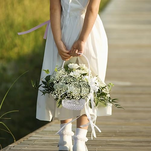 Miniatura 4 de 2 cestas blancas con asa de cesta de boda para niñas, 5.90 x 4.72 x 4.33 pulgadas (lazo de cinta de seda)