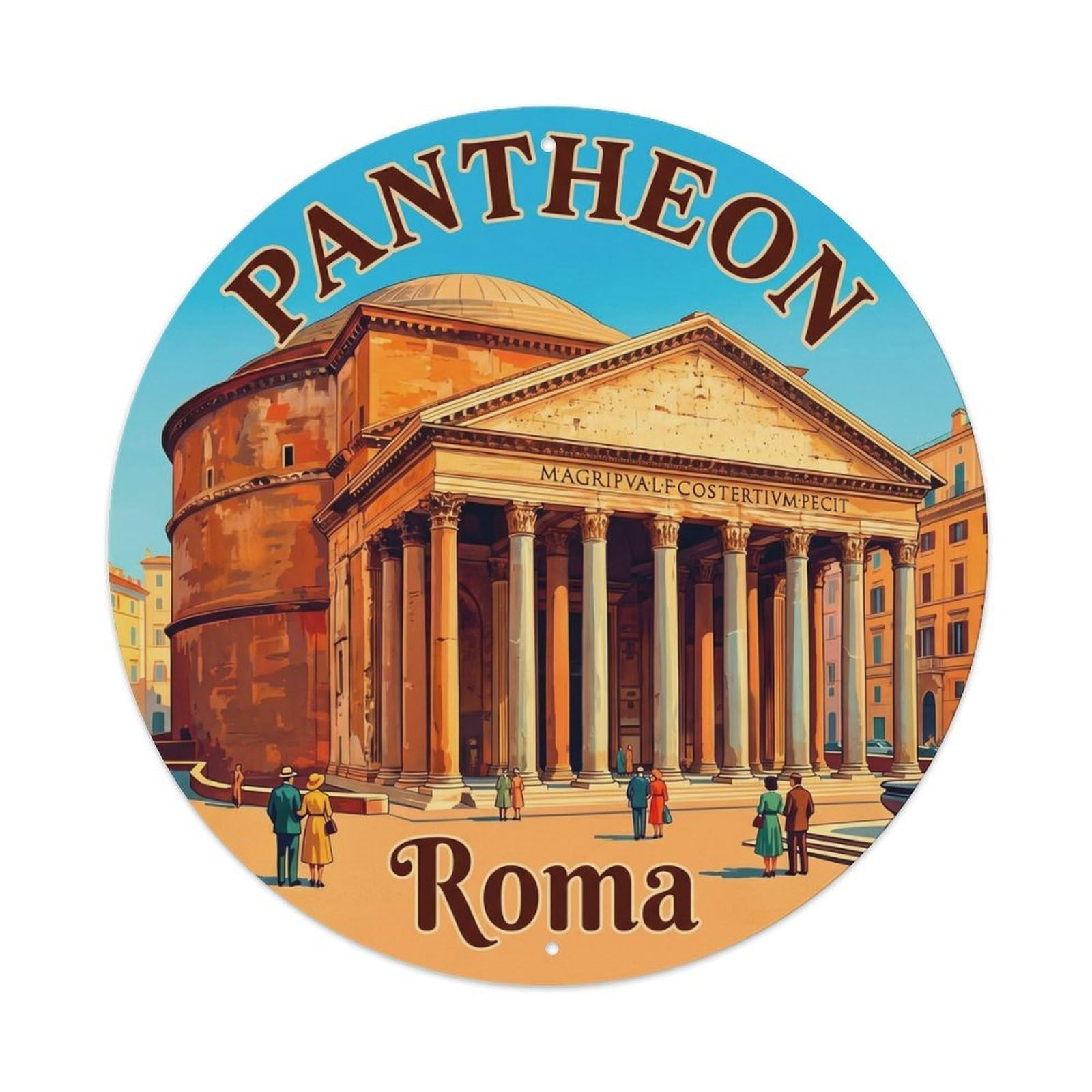 Vintage Travel Pantheon Rome Temple Metal Tin Sign Plaque Wall Decor for Cafe, Club Bar, Office, Home Garden Round Metal Poster 8x8Inch