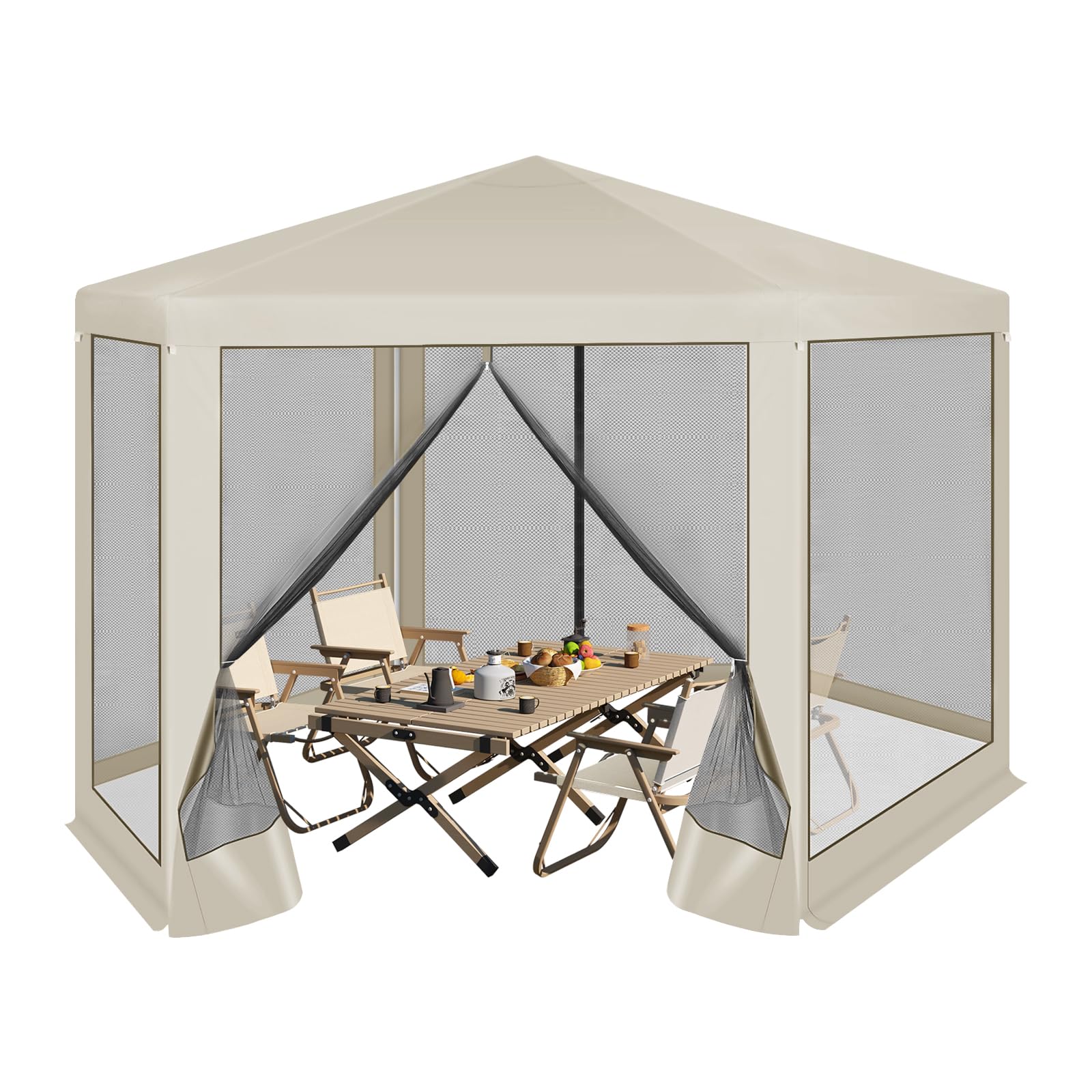 WOLTU Tonnelle de Jardin Extérieur, avec Moustiquaire, Pergola Jardin Extérieur, Tente de Réception, avec Parois Latérales en Maille, Barnum 3,8 x 3,3 m, Hexagone (Beige)