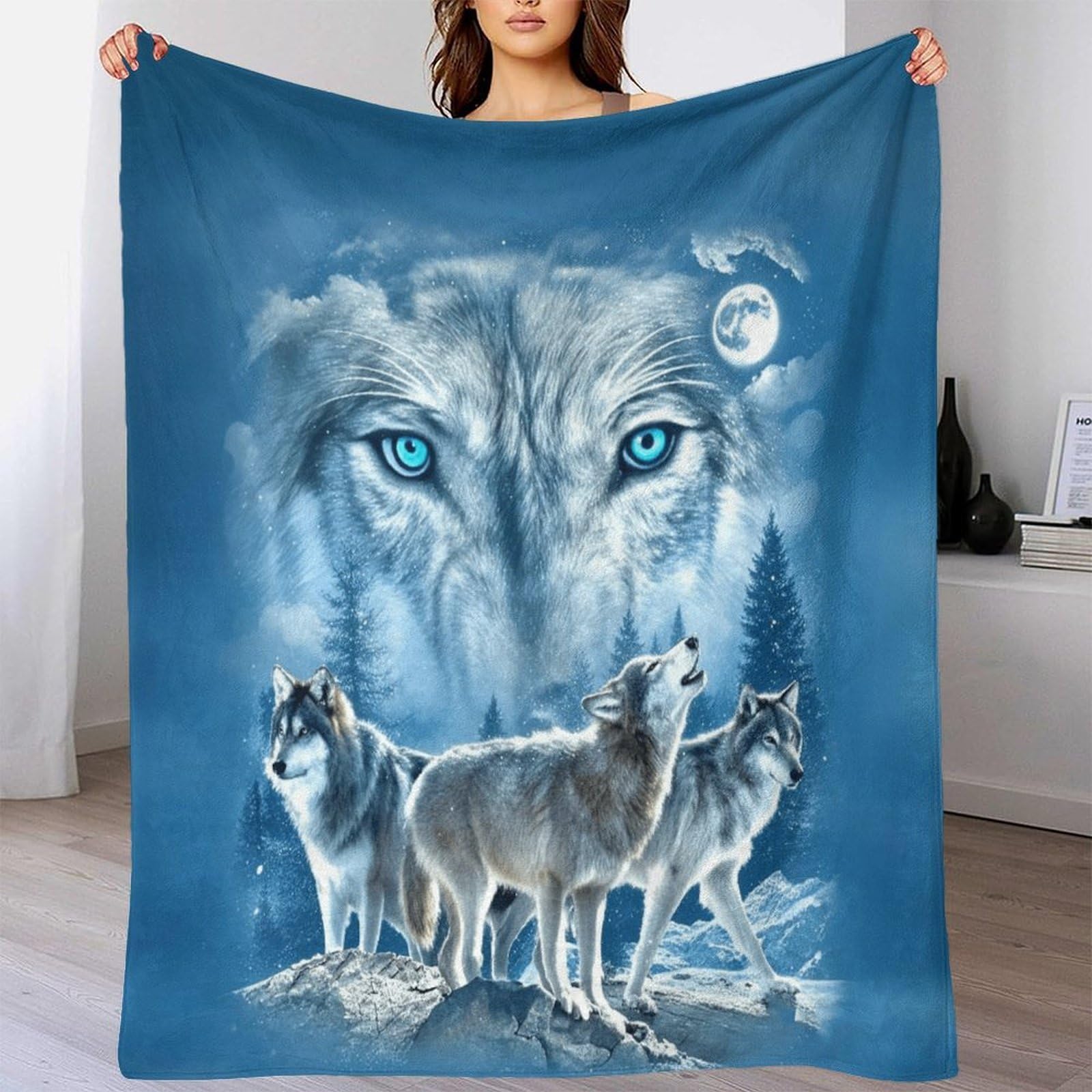 LILIlaobiao Howling Wolf Fleece Blanket Sofa Throw - Fluffy Soft Warm Versatile Alpha Pair Blanket for Sofa/Couch/Bed Throw/50x60inch(127x152cm) Eco-Friendly Recycled Fleece Blankets