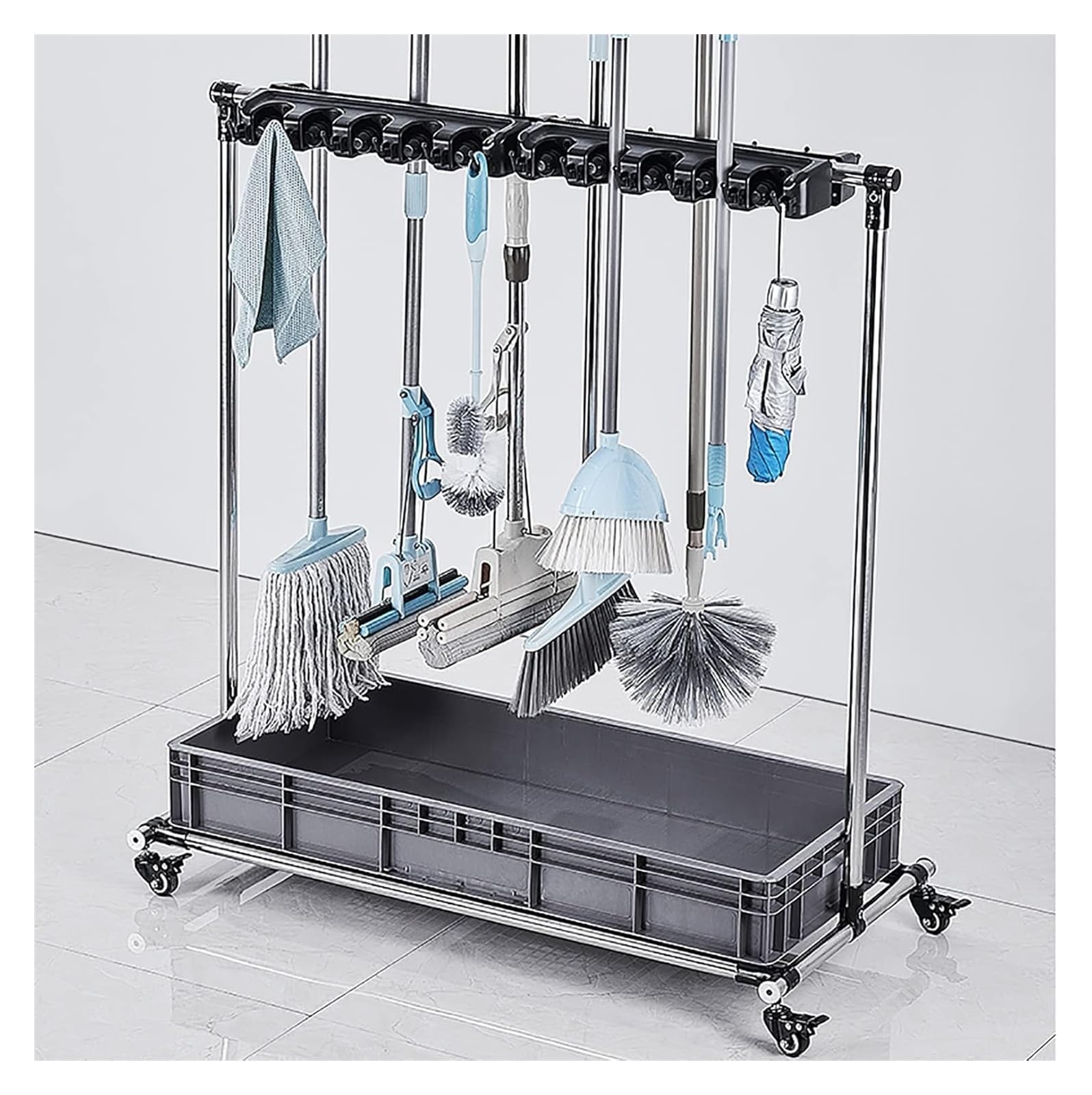 Carrello di pulizia mobile – Organizer per scopa e mocio, per prodotti per la pulizia da giardino e garage, ideale per la casa, la scuola e gli accessori per la pulizia del giardino
