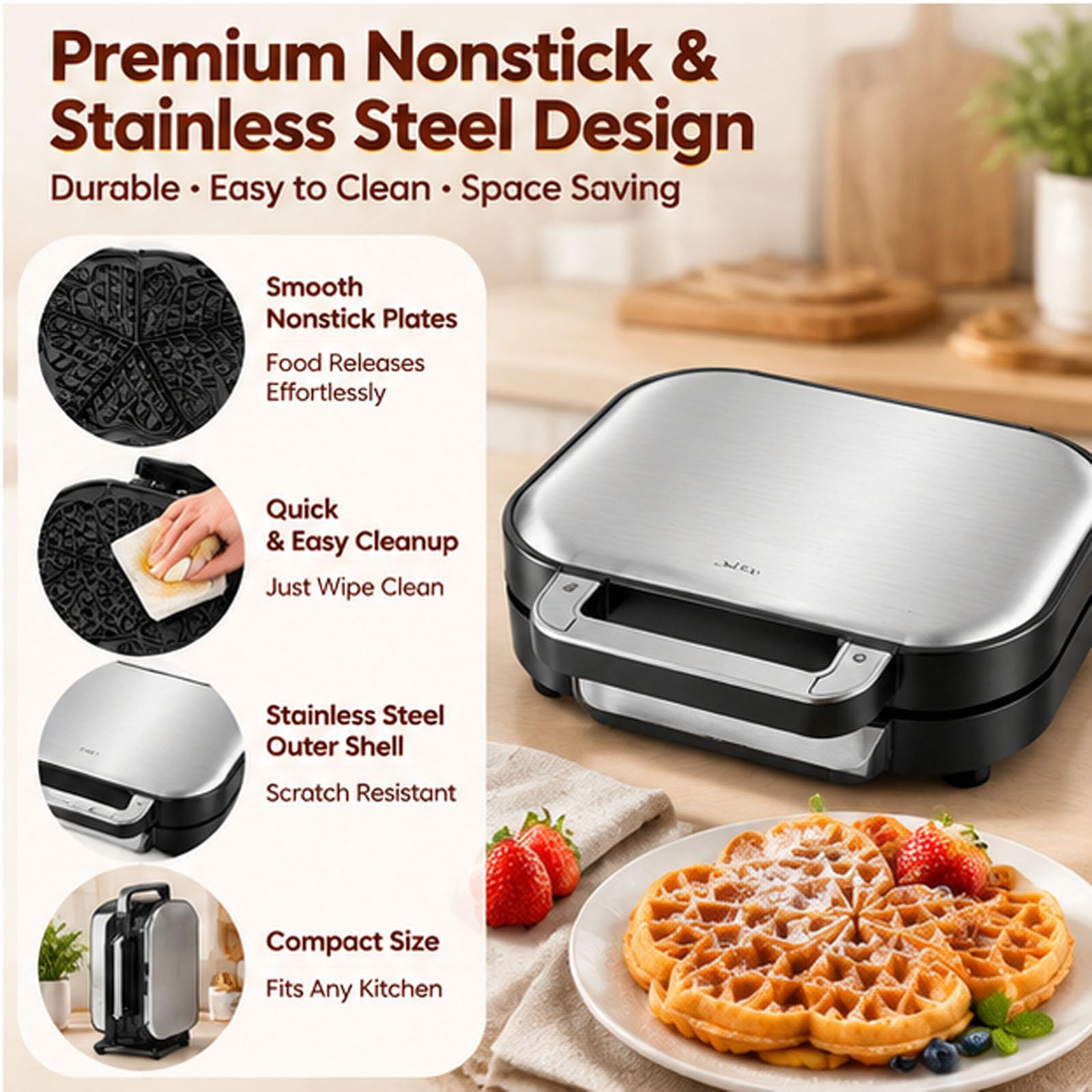 Wafflera en forma de corazón, temperatura ajustable | Gofrera Belga, Placas Antiadherentes, Fácil de Limpiar, Acero Inoxidable, gofrera de hierro fundido para Gofres, Galletas