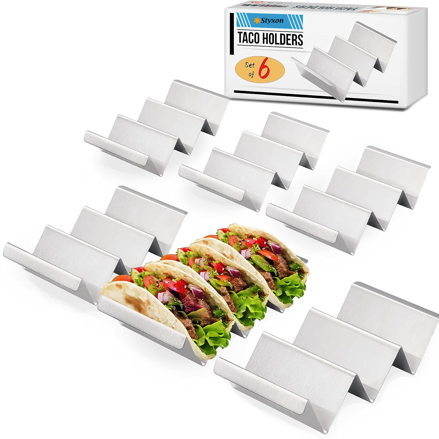 Styxon Taco Holders 6 Packs - Stainless Steel Taco Stand Rack Tray Style by, Oven Safe for Baking, Dishwasher and Grill Safe