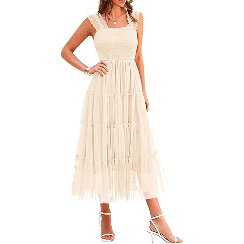 PRETTYGARDEN Women's Summer Midi Tulle Dress Sleeveless Smocked Square Neck Ruffle Flowy Party Wedding Guest Sundress