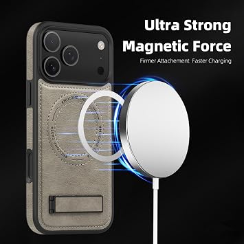 for 磁気 キックスタンド iPhone 15 Pro Max ケース対応 MagSafe 充電 超スリム プレミアム レザー見えないスタンド ミリタリー グレード落下保護耐衝撃ケース, Grey