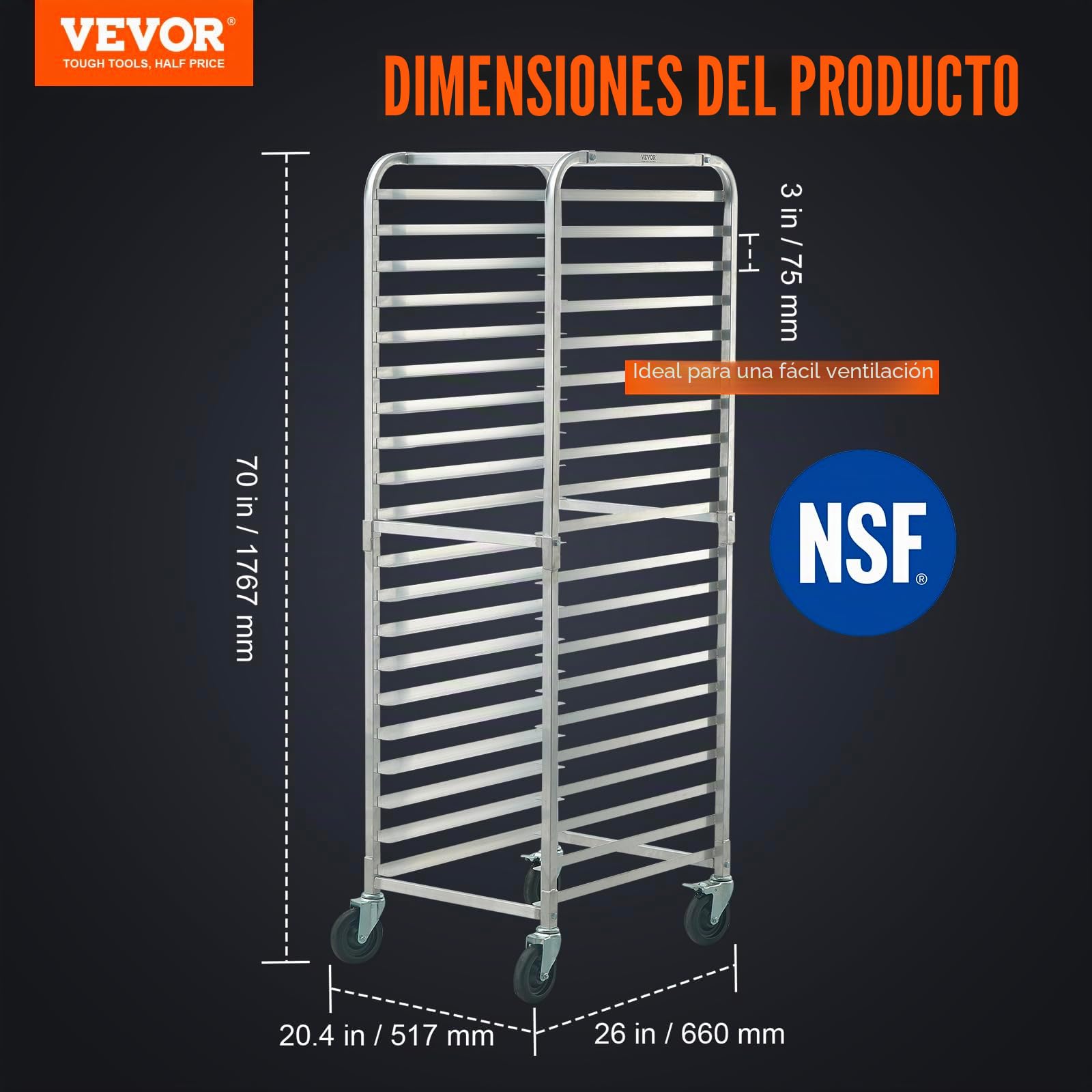 VEVOR Carro para bandejas de pan de 20 niveles, estante de panadería comercial con ruedas de freno, carro de almacenamiento de aluminio para bandejas completas de media hoja, equipo para hornear pan