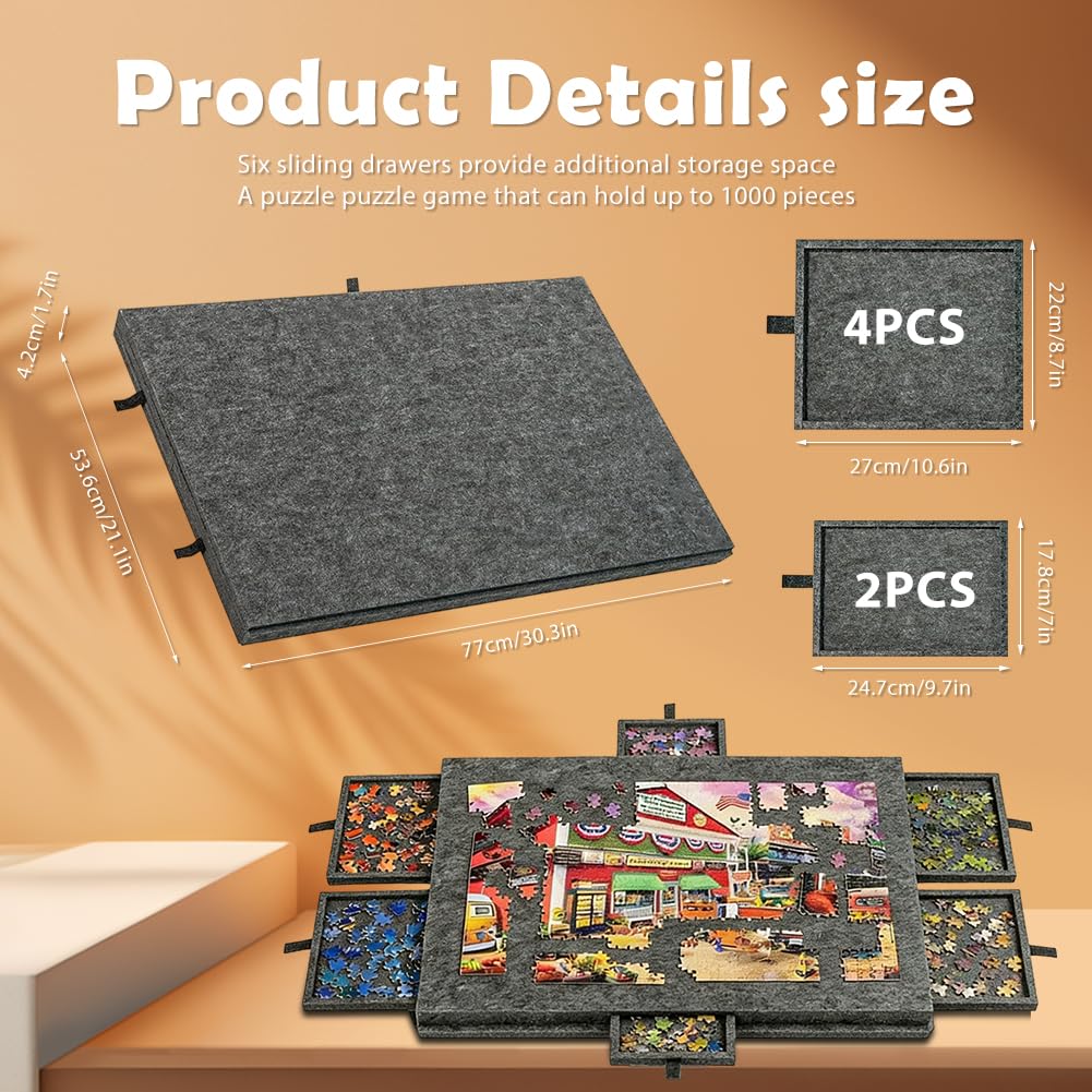 Kippbares Puzzlebrett mit 2-in-1-Ständer und Abdeckung | Leichtes Filz-Puzzlebrett mit 6 Schubladen für Erwachsene, Tragbarer Filz-Puzzletisch für bis zu 1000 Teile, Puzzle Zubehör