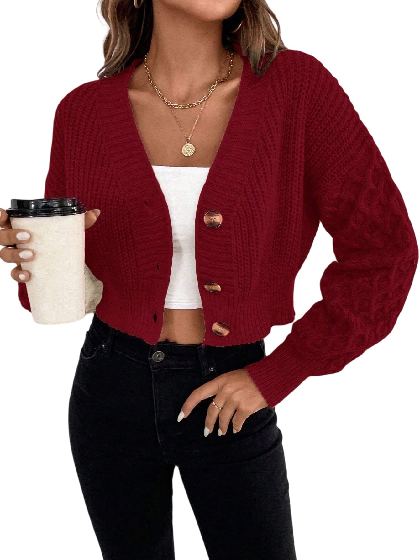 ZAFUL Women Sweaters Cardigan Chunky Ribbed Knit Open Front Long Sleeve Button Loose Short Cardigan Outerwear Coats