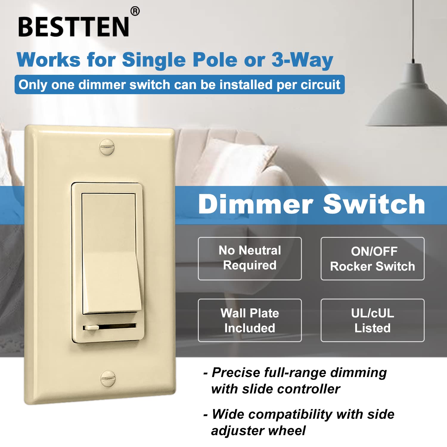 [6 Pack] BESTTEN Ivory Dimmer Light Switch, 3 Way or Single Pole, for Dimmable LED, Halogen and Incandescent Bulbs, UL Listed