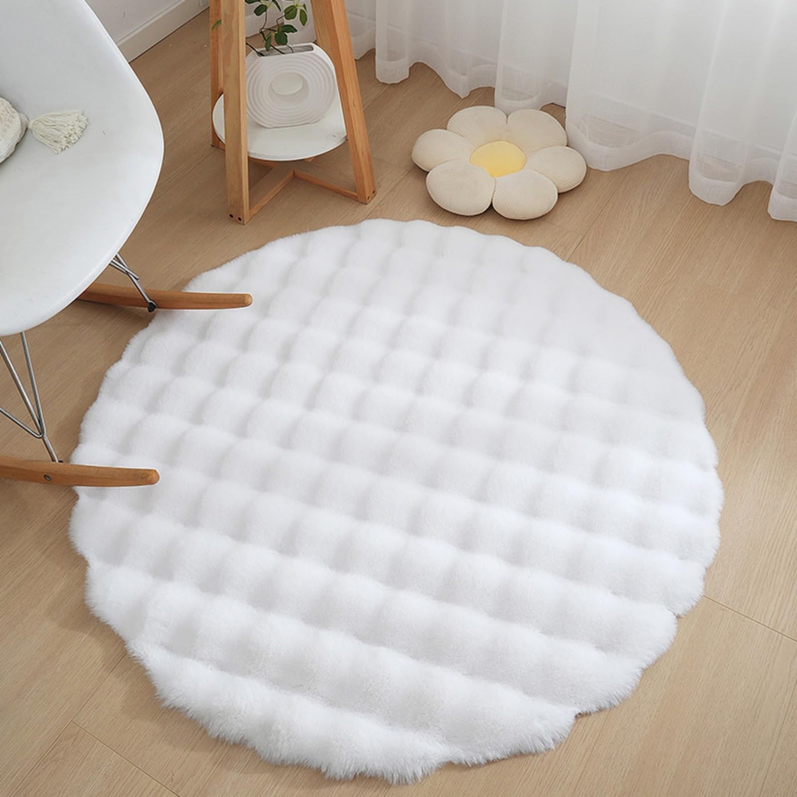 KRIPINC Round Faux Sheepskin Rug, Shaggy Faux Fur Rug, White Fluffy Carpet, Home Decor Washable Round Kids Floor Mats