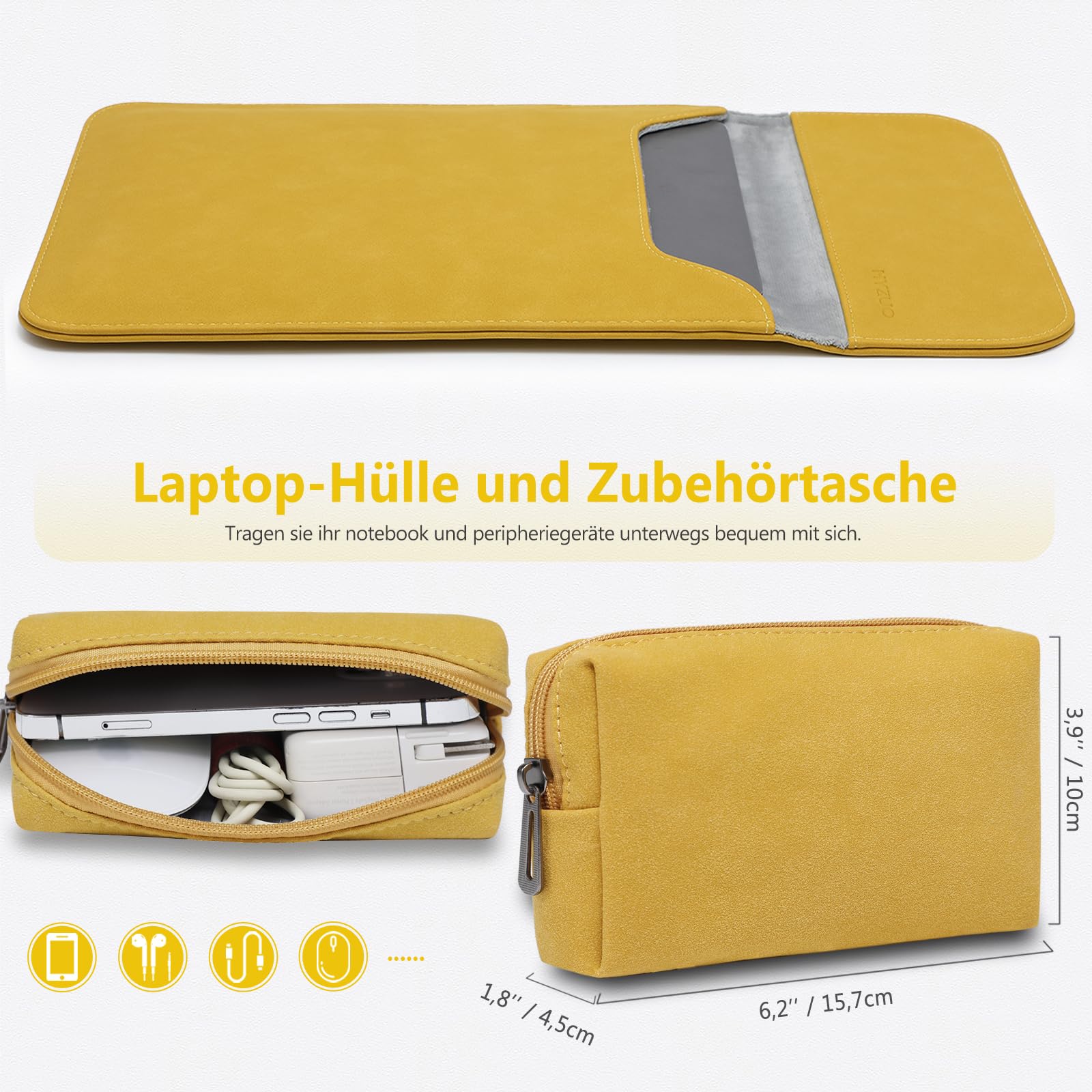 HYZUO 13,3-14 Pollici Custodia Borsa per laptop per MacBook Pro 14 M4/M3/M2/M1 Pro/Max A3401 A3185 A3112 2025-2021 MacBook Air 13 2017-2012, 13,5-13,8 Surface Laptop, con Borsa Accessori, Giallo Oliva