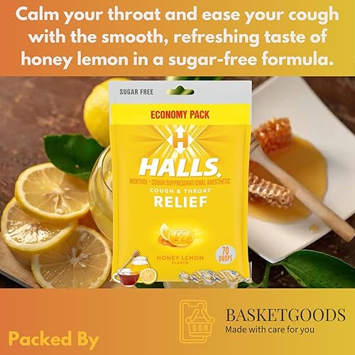 Miniatura 2 de Gotas de miel y limón para la tos sin azúcar, alivio de la tos y el dolor de garganta, paquete económico, 70 gotas (1 paquete), juego con cesta