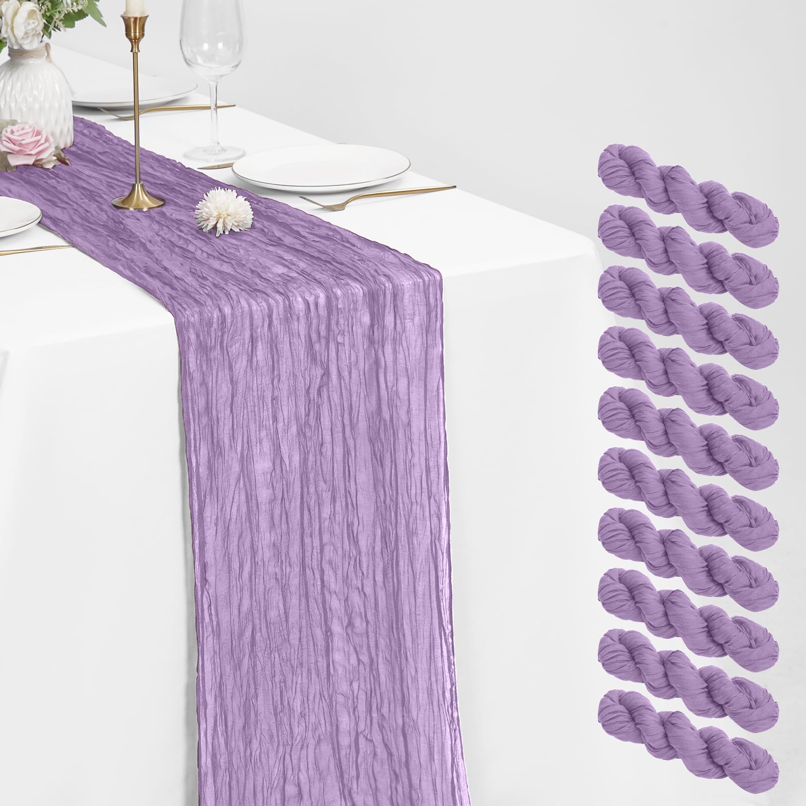 10 Pack Cheesecloth Table Runner Light Purple 21 x 120 inch Rustic Boho Gauze Fabric Table Runner Romantic Long Cheesecloth Table Runner for Wedding, Festival, Anniversary, Dinner and Outdoor Events