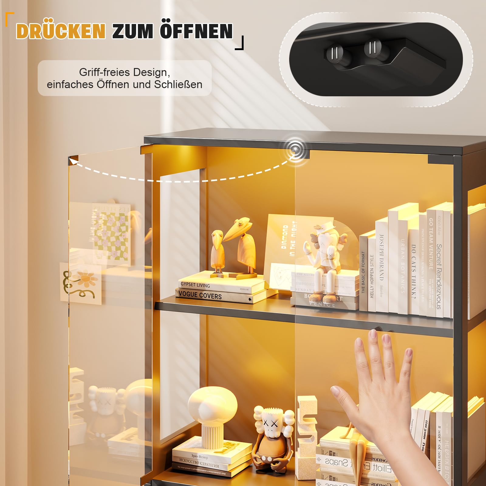 JUMMICO Glasvitrine mit RGB Beleuchtung LED, 80 x 35 x 165,5(H) cm, schwarz | Dynamische Lichteffekte, Über 60.000 Farben, 4 Ebenen, Vitrinen für Sammlerstücke