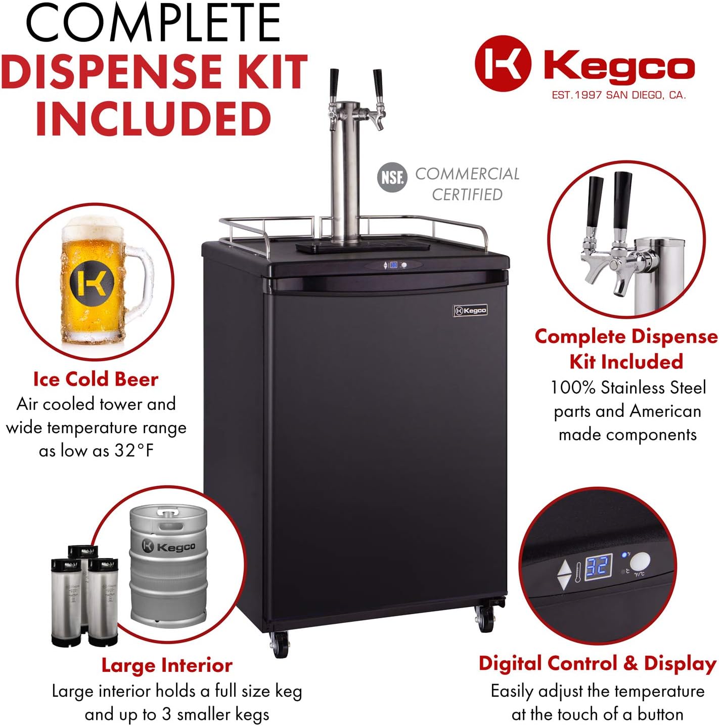 Kegco Keg Dispenser, Two Faucet, Black
