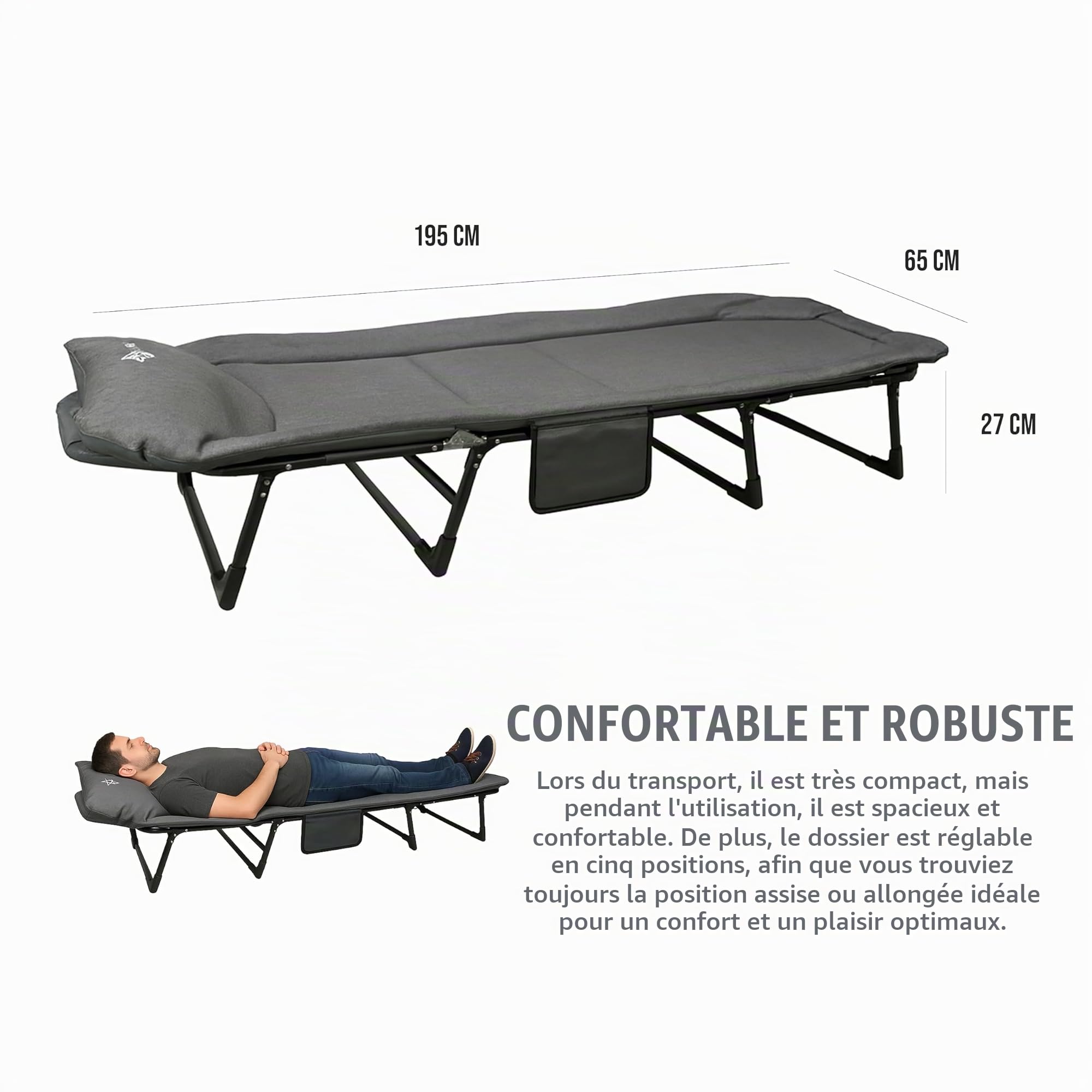 Bedchair Carpe - Lit de Pêche à la Carpe 8 Pieds - Dossier Réglable 5 Positions - Poche Latérale - Appui-tête Rembourré - 195x65x27 cm