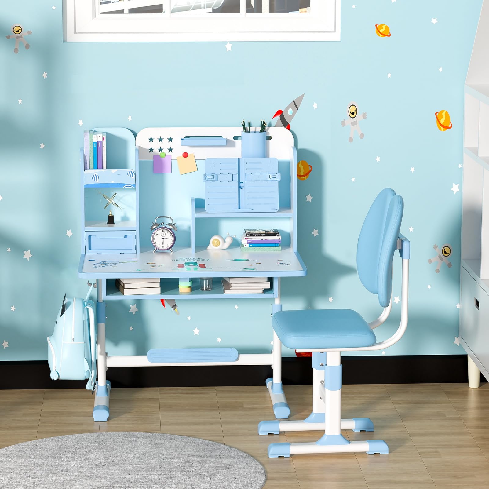 Höhenverstellbarer Kinderschreibtisch und Stuhl Set ab 3 Jahren, Schreibtisch Kinder mit Schublade und Bücherregalen, Kinder Schreibtisch für Hausaufgaben, Malen und Bastelarbeiten (Blau 6)