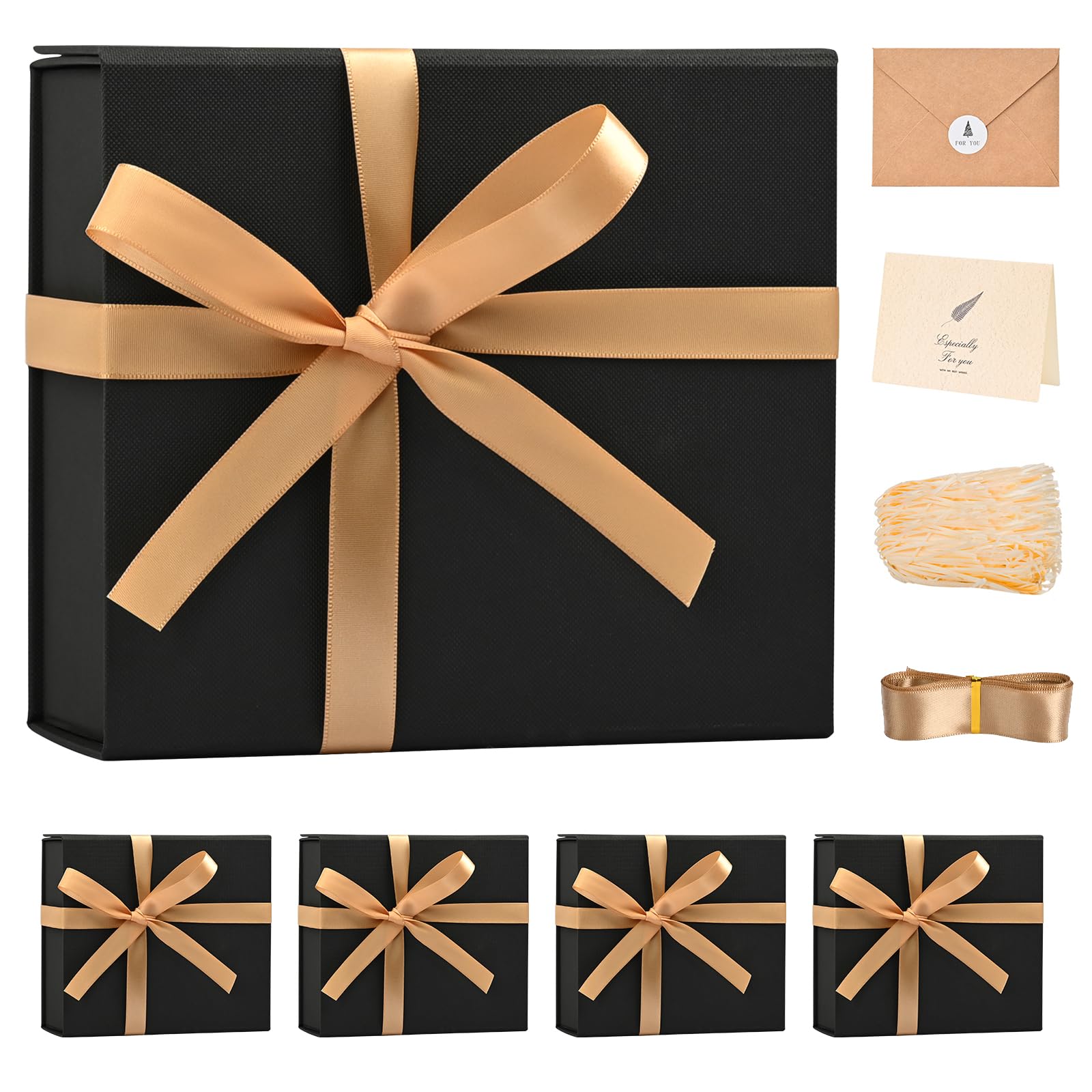LIFELUM Large Gift Box, 8 X 7 X 3 inch Black Gift Box Set of 5 with Magnetic Lid for Presents with Ribbon,Card,Shredded Paper Filler Gift for Women, Birthdays, Christmas Presents