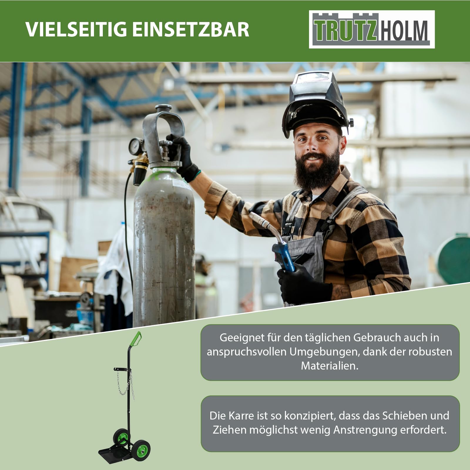 TRUTZHOLM Gasflaschenkarre 100kg Traglast mit Handschutzbügel & Sicherungskette Transport von technischen Gasen Gasflaschenwagen Transportkarre