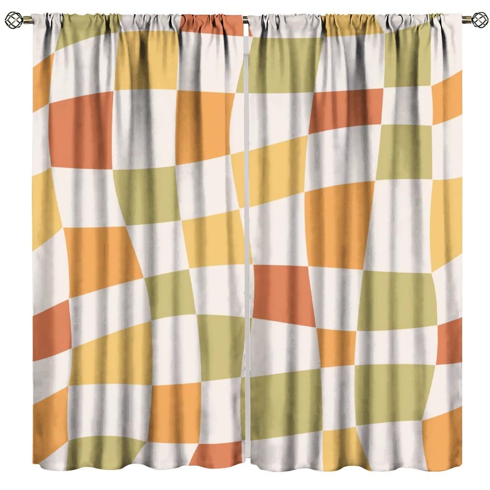 Checkered Blackout Window Curtain, Retro 70s Funky Hippie Aesthetic Groovy Plaid Modern Checkboard Colorful Swirl Pastel for Home Kitchen Restaurant Decoration Window Drapes 2Panel 84"W X 84"L