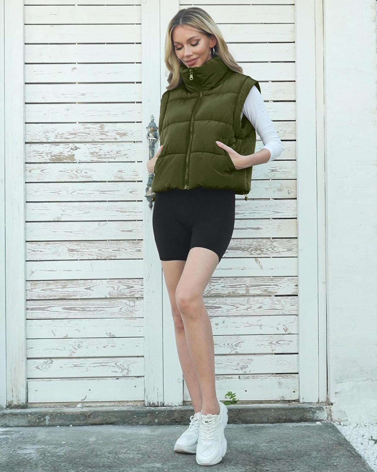 Polu Cropped Puffer Vest Women Sleeveless Stand Collar Padded Gilet Winter Lightweight Puffy Vest - Image 3