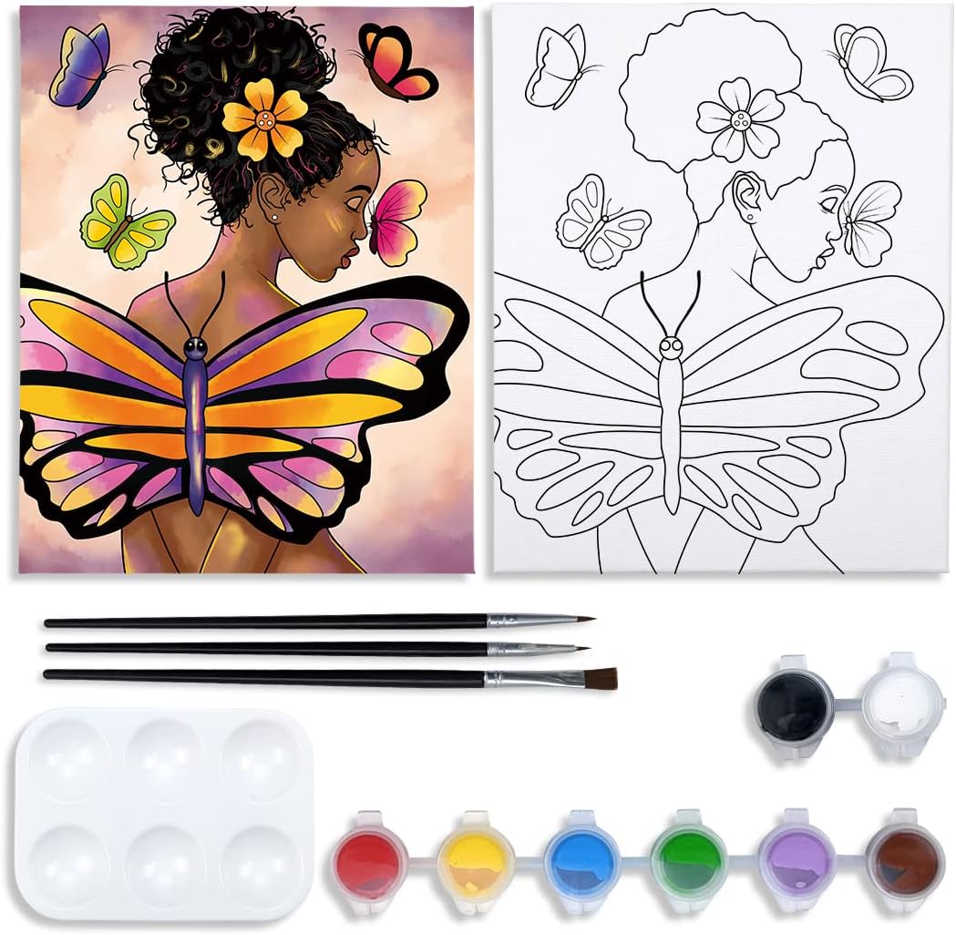 VOCHIC Pre Drawn Canvas for Painting for Adults Paint and Sip Kit Painting Party Supplies 8 Acrylic Colors,3 Brushes,1 Palette Art Set Butterfly Girl 12x16 in (Pack of 2)