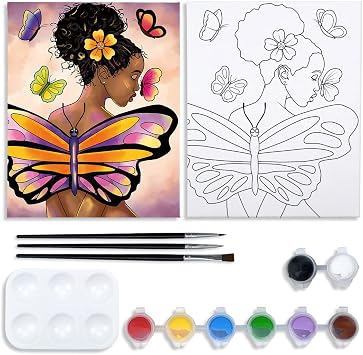 VOCHIC Painting Kit Pre Drawn Canvas for Painting for Adult Party Kits Paint and Sip Supplies 8x10 in Canvas Butterfly Girl 8 Acrylic Colors,3 Brush,1 Pallet Paint Art Set