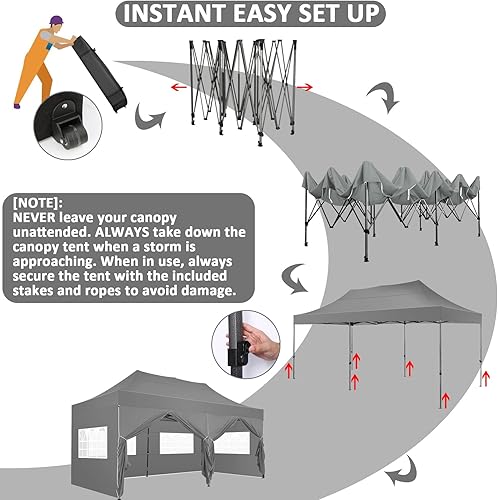 Miniatura 5 de COBIZI - Toldo desplegable de 10 x 20 pies, 6 paredes laterales, FPU 50+ para todo el año, resistente al viento, impermeable, uso comercial,