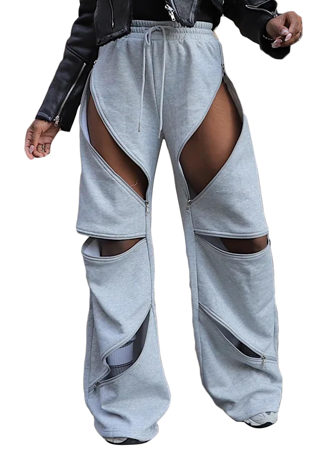 LETSVDO Womens Wide Leg Baggy Sweatpants High Waisted Patchwork Flare Pants Y2k Cut Out Multi Zipper Cargo Sweatpant