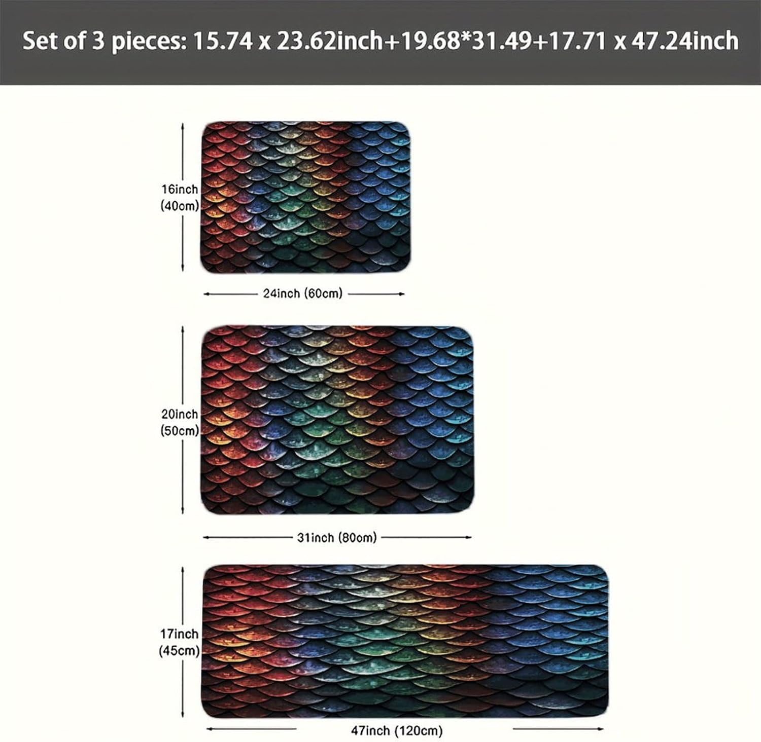 Dragon Scale Kitchen Rugs Set of 3 Non Slip Washable Kitchen Mats for Floor Soft Area Rug Kitchen Floor Mat Cushioned Anti Fatigue Mats Standing Sink Mat Decor Runner Rugs