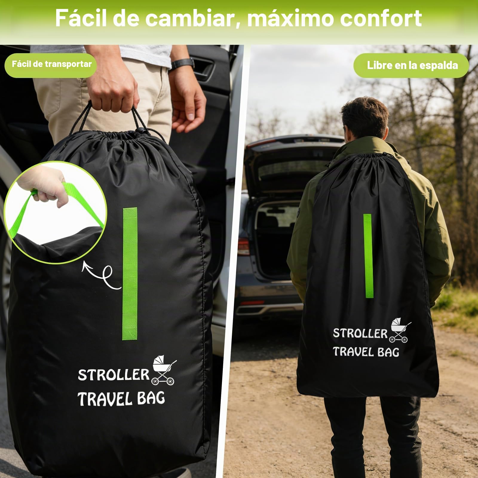 Funda Protectora de Viaje para Cochecito y Silla de Coche, Bolsa de Transporte Grande 120x63x43cm para Avión o Coche, Se Adapta a la Mayoría de Modelos | Funda impermeable para avión, resistente 600D Oxford bolsa con correa de hombro ajustable para cochec