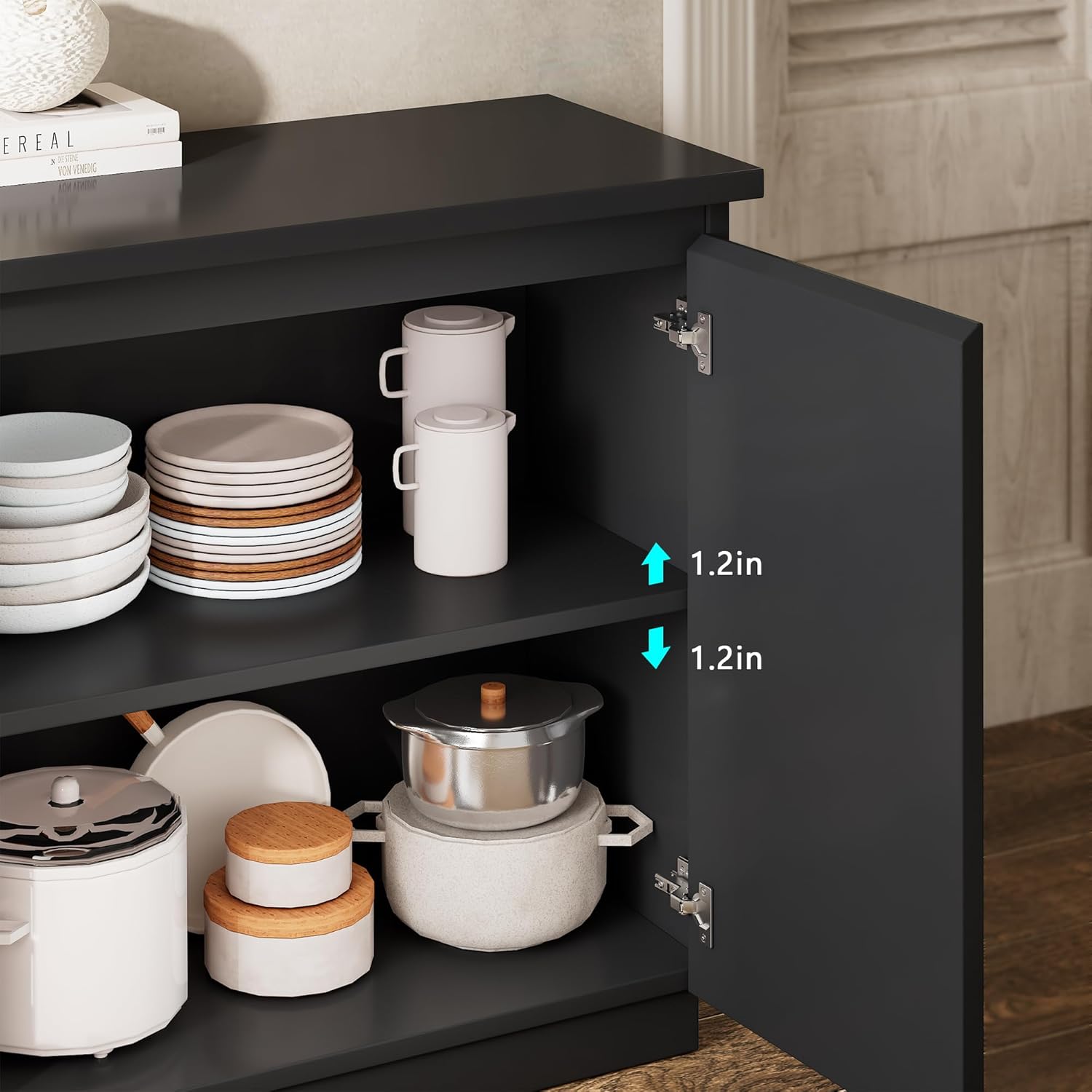 iPormis Sideboard Buffet Cabinet with Storage & LED Lights, Modern Credenza Sideboard With Doors and Adjustable Shelves, 60" Coffee Bar Table Storage Cabinet for Dining Room Kitchen Living Room, Black