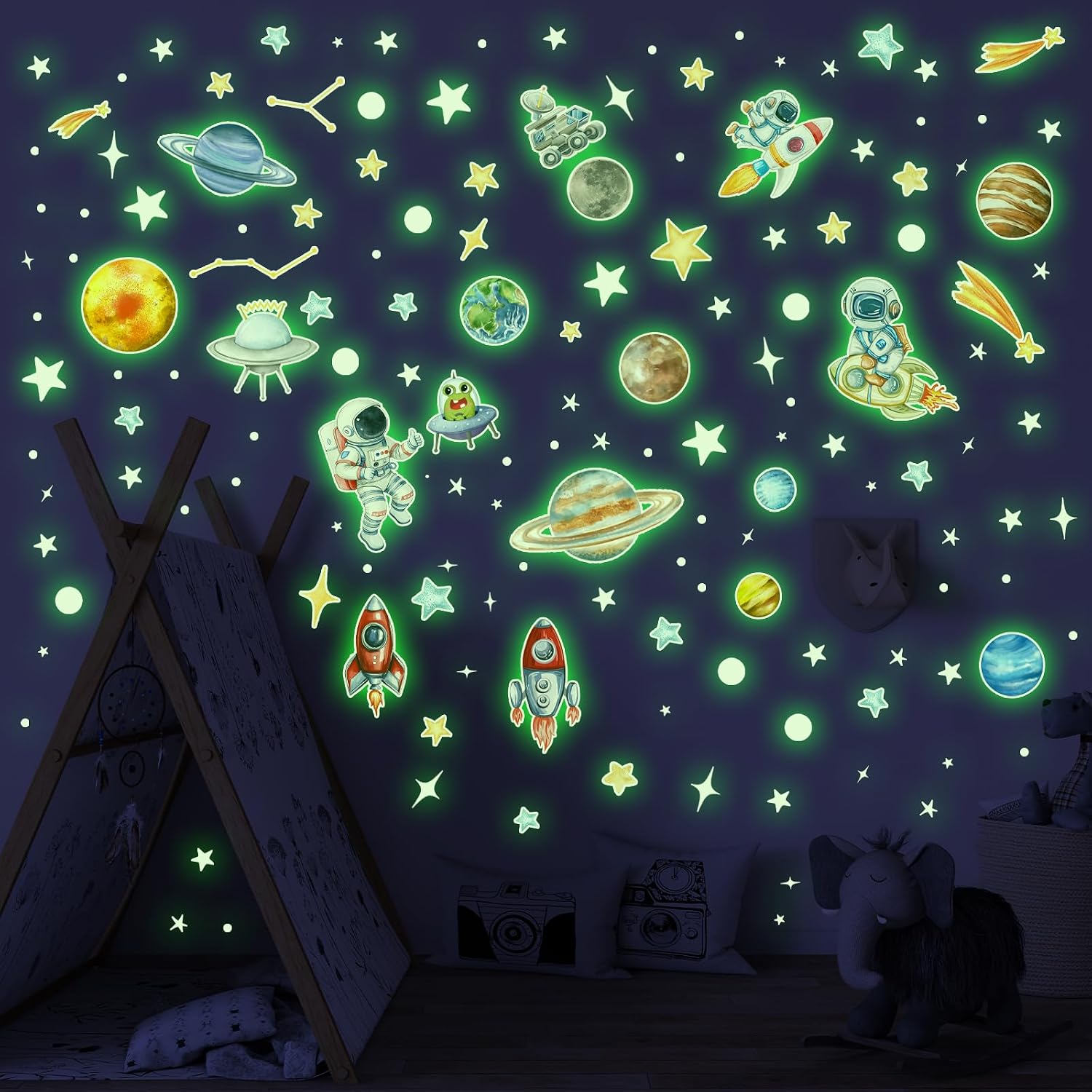 Glow in The Dark Stars and Planets Wall Decals 155 PCS Glowing Ceiling Stickers with Astronauts Rockets Alien & UFO Space Wall Decor for Teens Room Nursery Bedroom Ceiling Decor