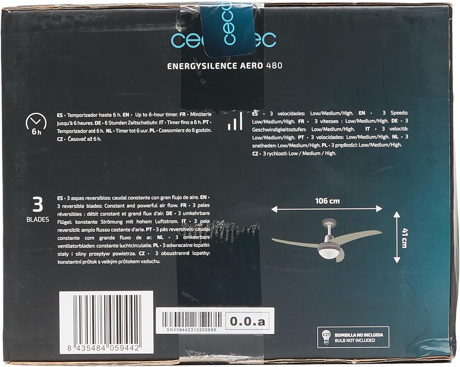Cecotec Ventilador Techo EnergySilence Aero 480, 65W, Luz, 3 Aspas 14