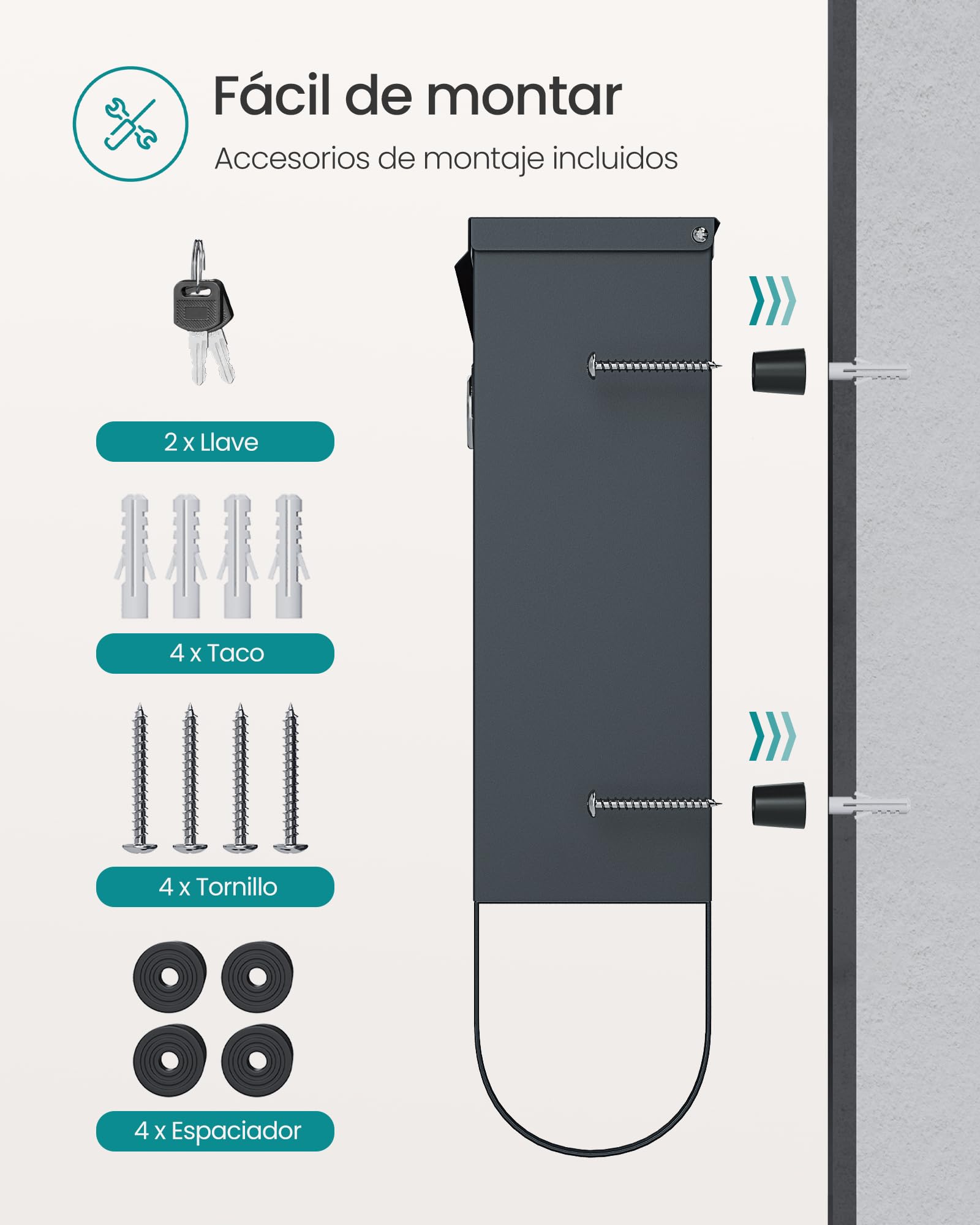 SONGMICS Buzón, Buzón de Correos, Cerradura con Cilindro de Cobre y Tapa Giratoria, Placa de Identificación, Porta-Periódicos, Fácil Montaje, 10 x 30,8 x 33,8 cm, Gris Antracita GMB20AG