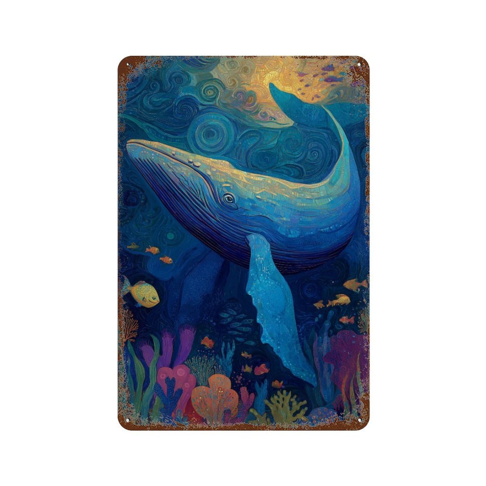 Rustic Tin Plaque with Whale Ocean Mosaic Art Design 11.8"x7.9", for Cafe, Home Bar And Lounge Decor, Industrial Home Decor