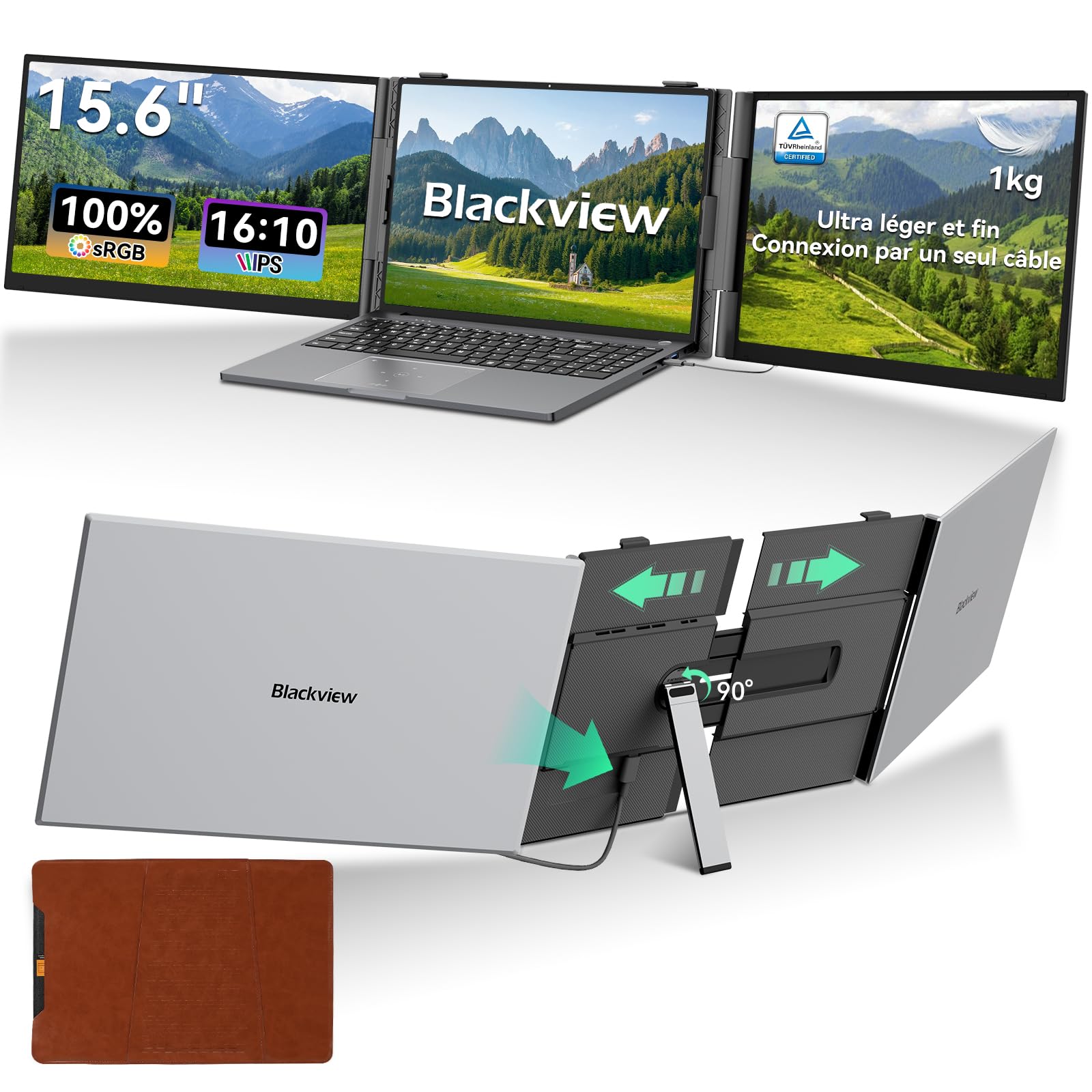 Blackview Écran Portable 15,6 Pouces, 1,2 kg Ultra-Léger, Double Écran PC Portable, Extension d'Écran à Câble Unique, TÜV Confort Oculaire, Mac, Windows, ChromeOS, Switch