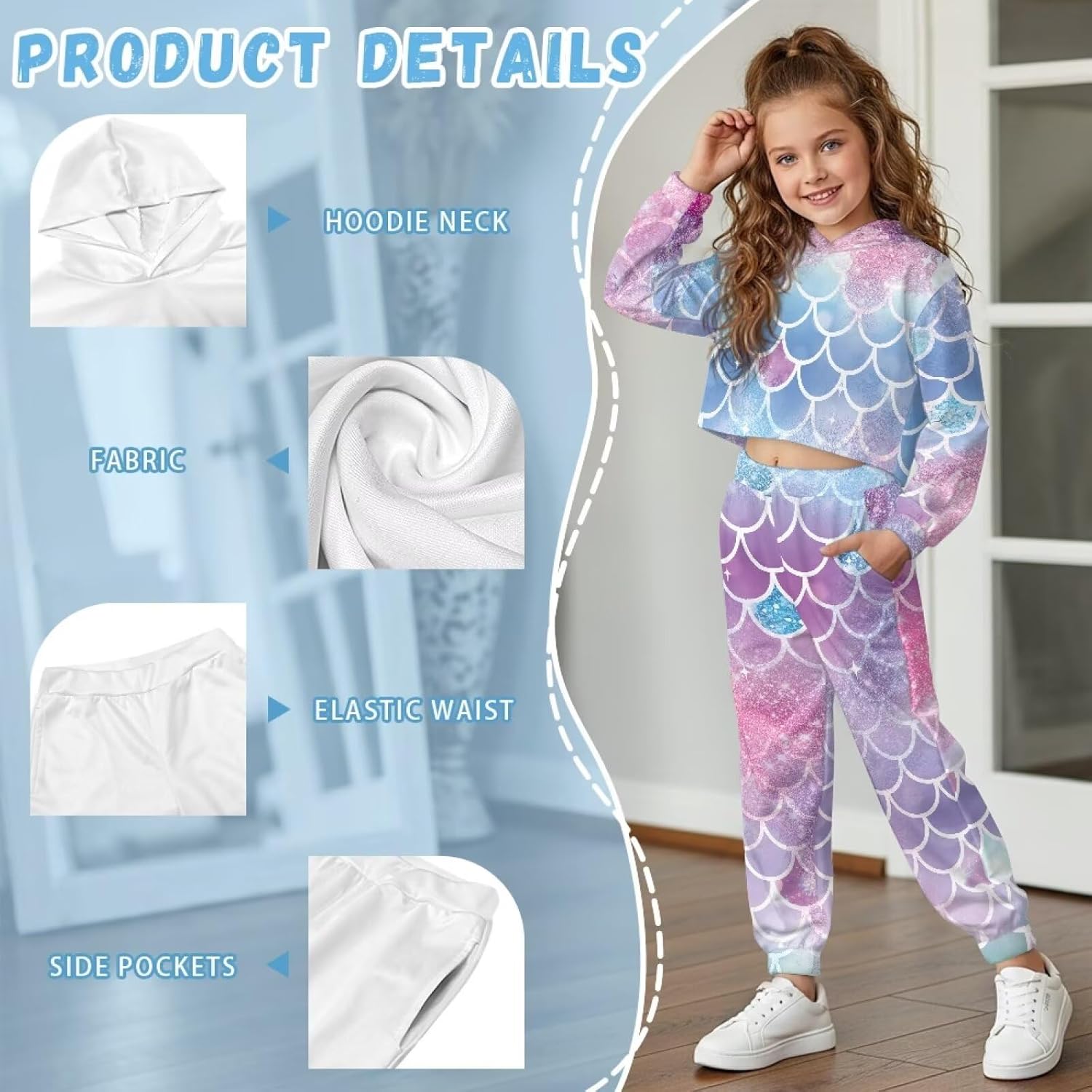 Girls Crop Athletic Hoodies, Long Sleeve Pull Over Crop Hoodie with Pocketed Tracksuit (4-13 Years)