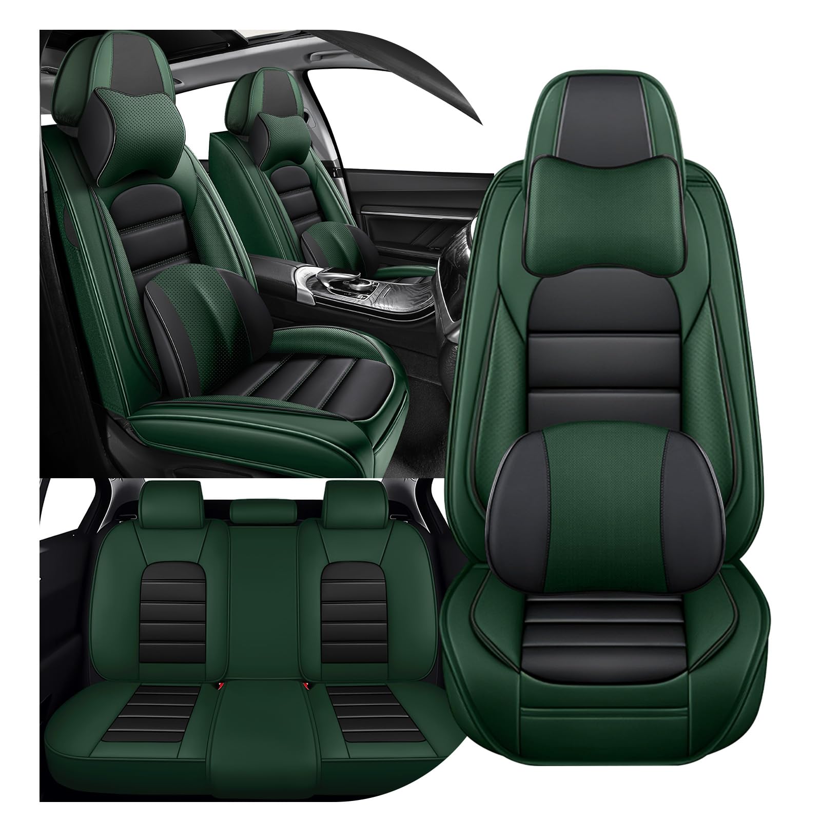 YWZQ Full Set Car Seat Covers (Luxury 5 Seats/Black&Green)