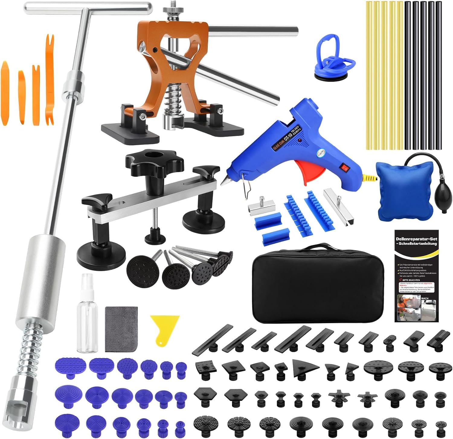 PDR TOOLS Auto Dellen Reparatur Set, Ausbeulwerkzeug Set mit Zugbrücke und Montagekissen, Karosserie Werkzeug für Hagelschaden und Beulenreparatur, Luftkissen und Gummihammer