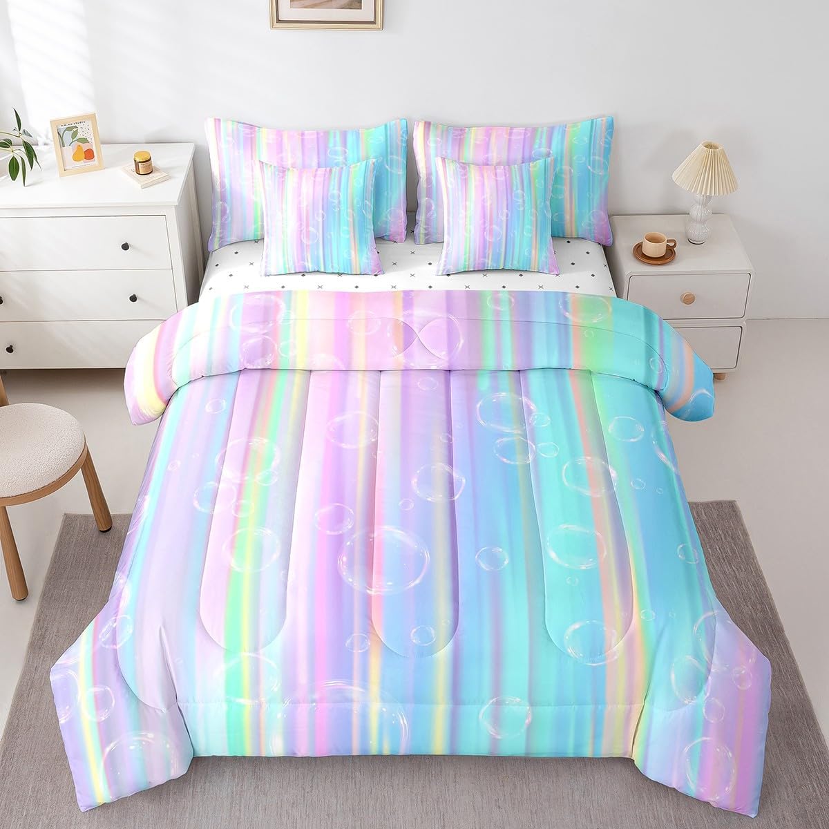 Erosebridal Ombre Striped 7 Piece Comforter Set Queen,Gradient Rainbow Stripes Bed in a Bag with Flat Sheet and Fitted Sheet,Geometric Stripe Lines Bubble Bedding Set with Pillowcase & Sham