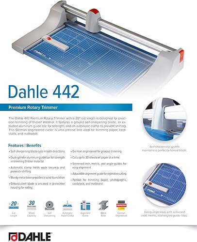 Miniatura 6 de Dahle 442 recortadora rotativa premium, longitud de corte de 20 pulgadas, capacidad de 30 hojas, autoafilado, abrazadera automática, cortador de