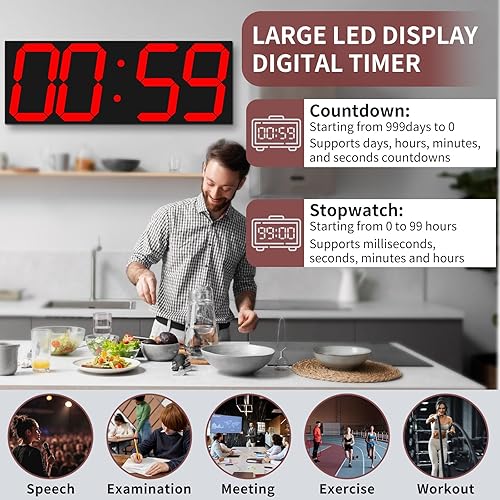 Miniatura 5 de Reloj de pared digital grande de 18.7 pulgadas, reloj digital LED con número grande, reloj de pared multifunción con control remoto con