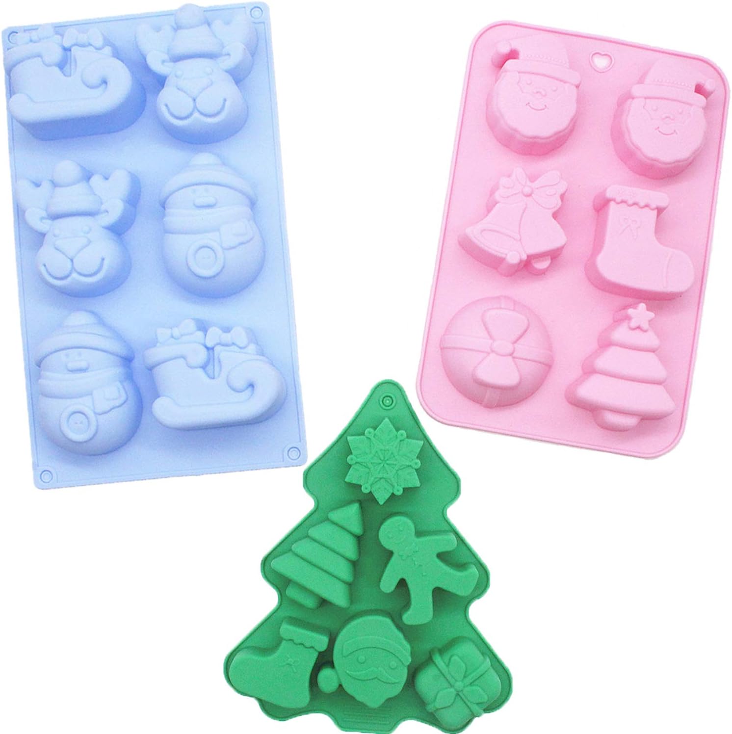 3 Pack Christmas Silicone Molds Non-Stick Chocolate Jelly Cake Baking mold for Party Xmas Gift Handmade Soap Molds with Shape of Christmas tree Elk Socks Bells Gift Snowman Sleigh Santa Claus …