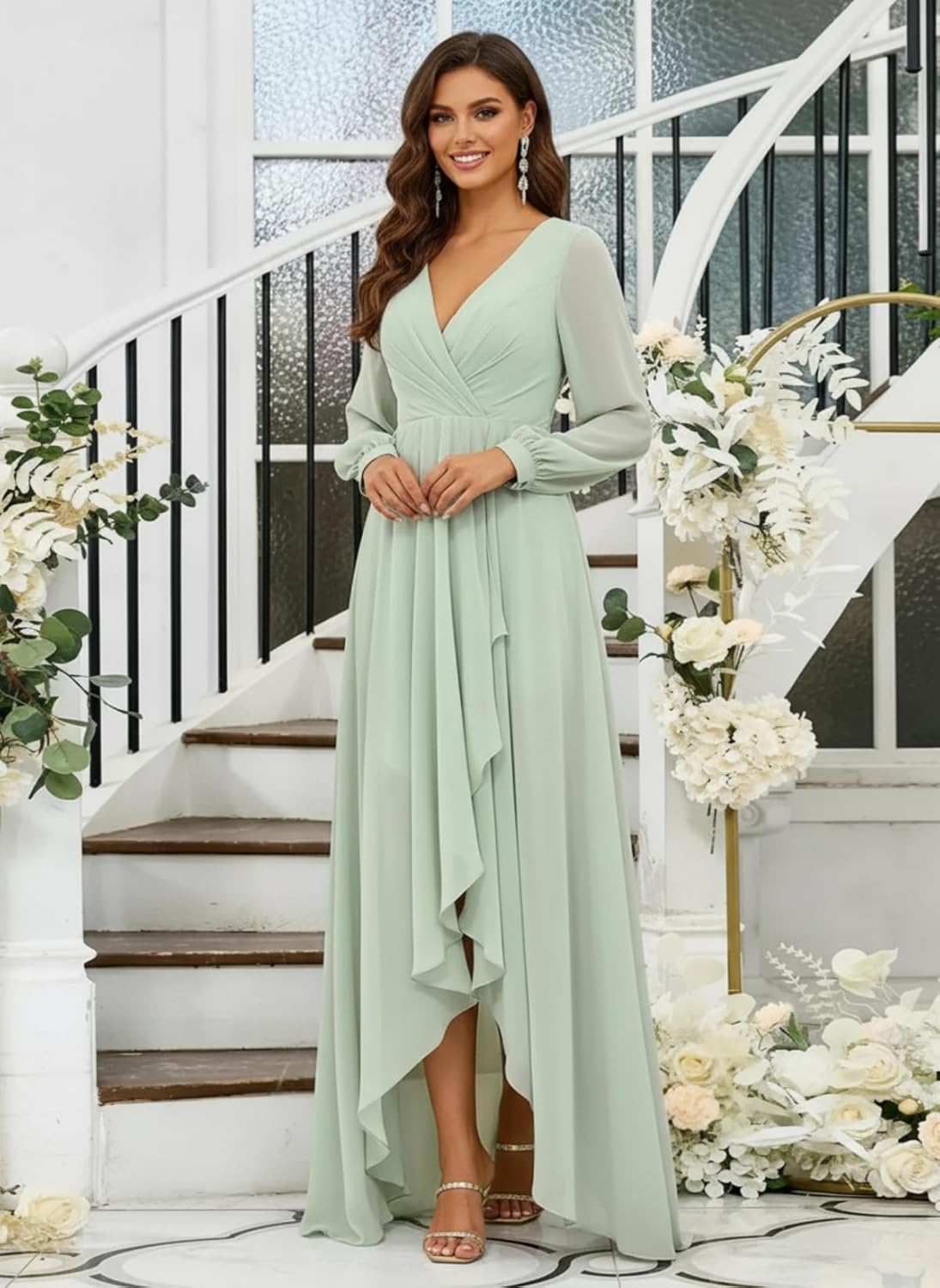 Long Sleeve Chiffon Bridesmaid Dresses for Women V Neck A Line High-Low Formal Gowns