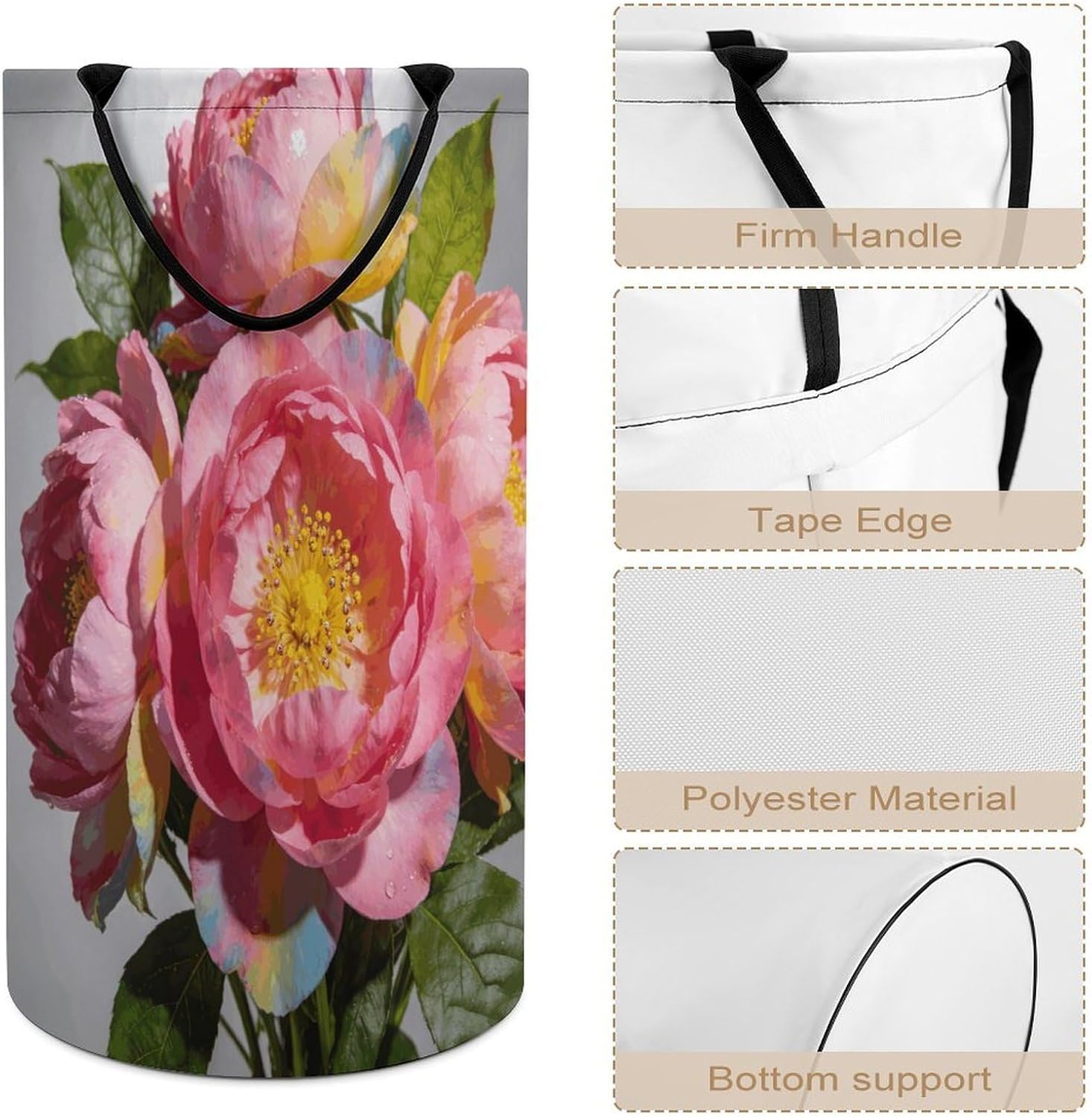 Pink Colorful Flowers Laundry Hamper Portable Lightweight Clothes Hampers Fashion Dirty Laundry Storage Basket Large Capacity Foldable Clothes Baskets for Bathroom Bedroom