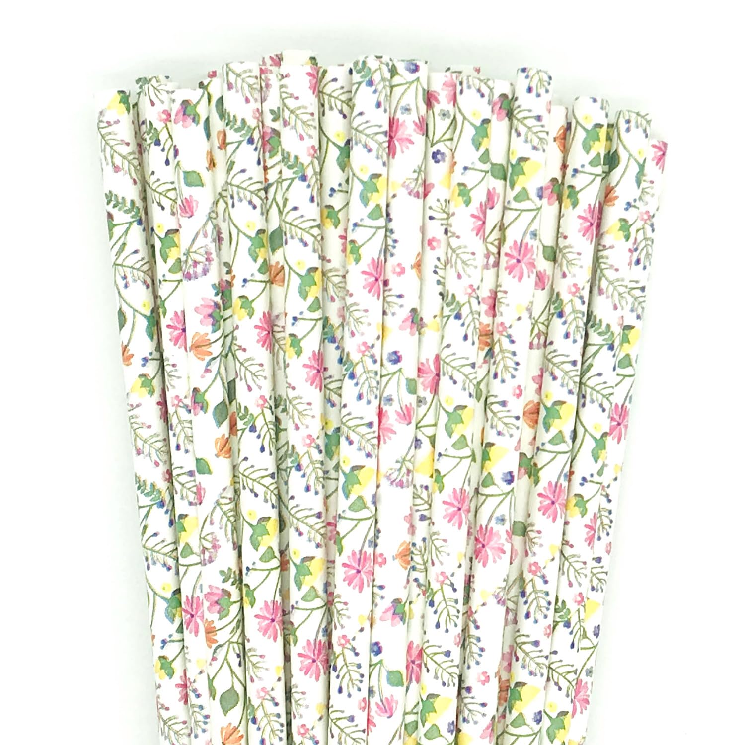 100 pcs Flower Print Paper Straws, Green Leaf Pink Yellow Orange Purple Floral Wild Daisy Dandelion Ditsy Floral Drinking Straws, Garden Tea Party